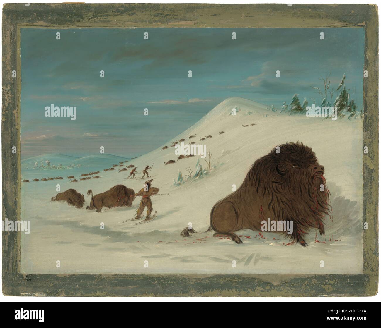 George Catlin, (artiste), américain, 1796 - 1872, Buffalo Lancing in the Snow Drifts - Sioux, 1861/1869, huile sur toile montée sur carton, total: 45.9 x 63.8 cm (18 1/16 x 25 1/8 po Banque D'Images