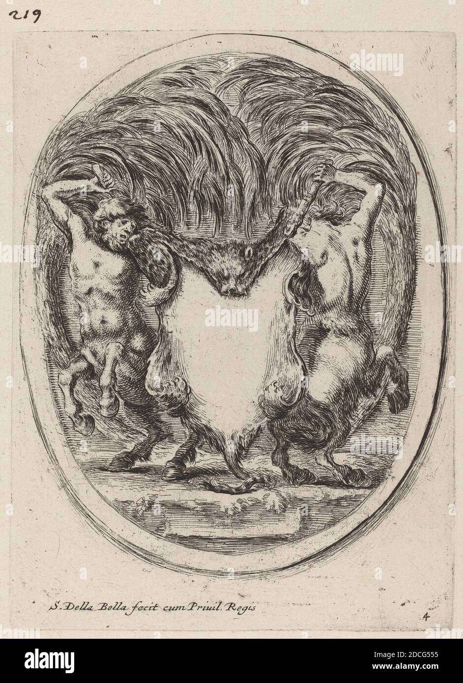 Stefano Della Bella, (artiste), Florentine, 1610 - 1664, Cartouche sous la forme d'un tigre de Flayé soutenu par Centaures, nouvelles inventions de cartouts, (série), 1647, gravure Banque D'Images