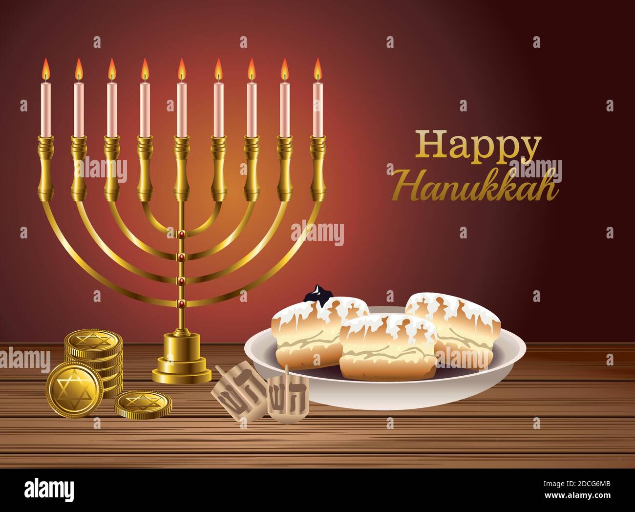 carte de célébration happy hanukkah avec illustration du candélabre et du vecteur alimentaire conception Illustration de Vecteur