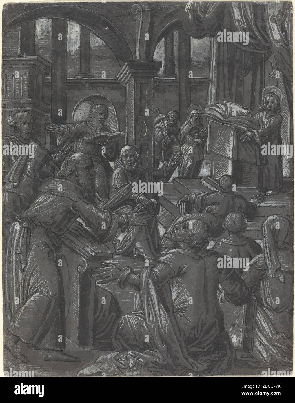 Allemand XVIe siècle, (artiste), Christ contestant avec les médecins, un des 14 dessins sur 8 feuilles de sujets bibliques, (série), c. 1600, stylo et encre noire avec brosse et encre grise et lavage gris rehaussé de blanc sur papier gris préparé, total: 19 x 14.8 cm (7 1/2 x 5 13/16 po Banque D'Images