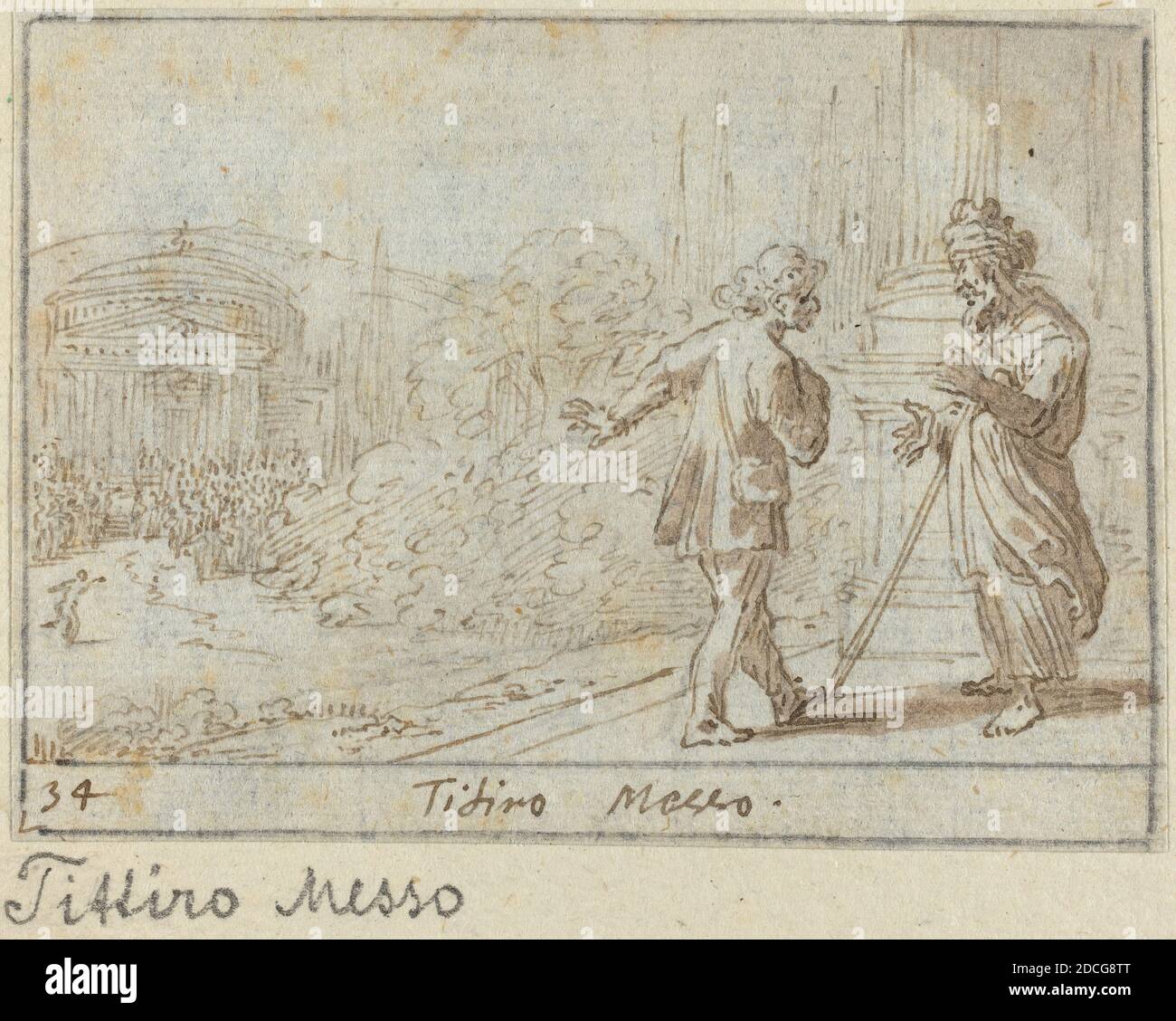 Johann Wilhelm Baur, (artiste), allemand, 1607 - 1641, Titiro et Messo, G.B. « il PASTOR fido » de Guarini, (série), 1640, stylo et encre brune avec lavage brun sur papier ponté, total : 6.5 x 9 cm (2 9/16 x 3 9/16 po Banque D'Images