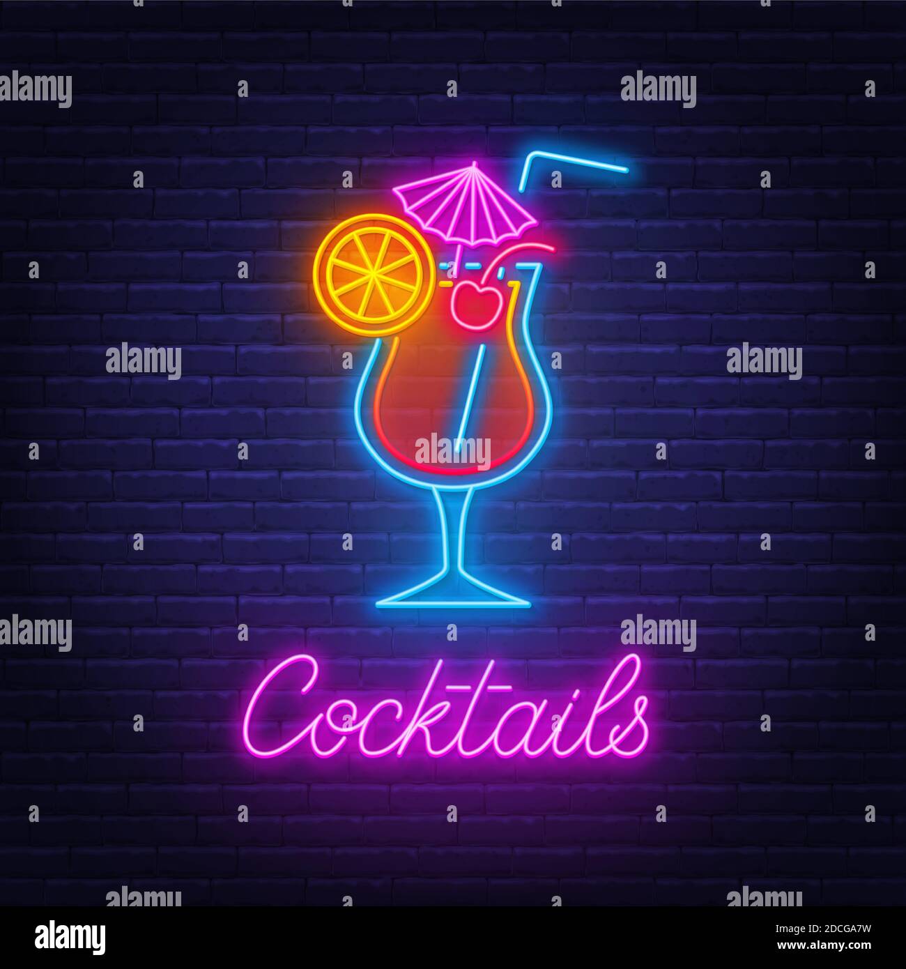 Cocktail Tequila Sunrise néon signe sur fond de mur de brique. Illustration de Vecteur