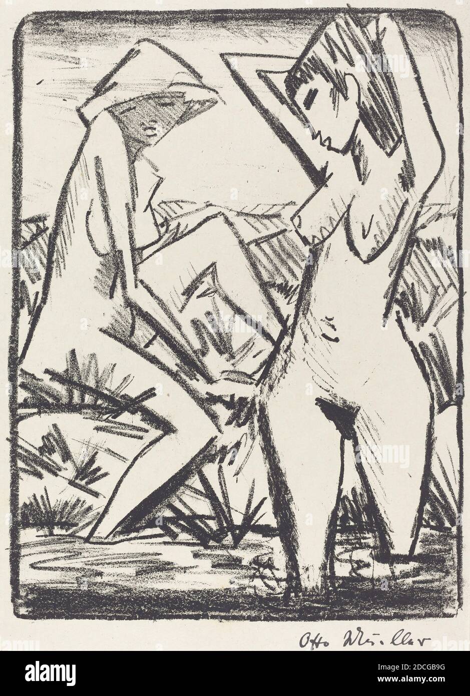 Otto Müller, (artiste), allemand, 1874 - 1930, Standing Girl in Water et l'autre assis sur Shore (im Wasser stehendes und am Ufer sitzendes Madchen mit Hut), 1921/1922, lithographie Banque D'Images