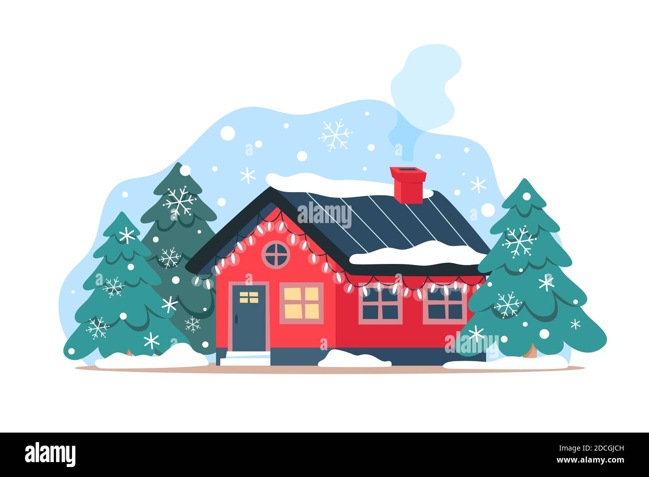 Jolie maison d'hiver avec guirlande festive, décoration de Noël pour façade de maison, illustration vectorielle de style plat Illustration de Vecteur