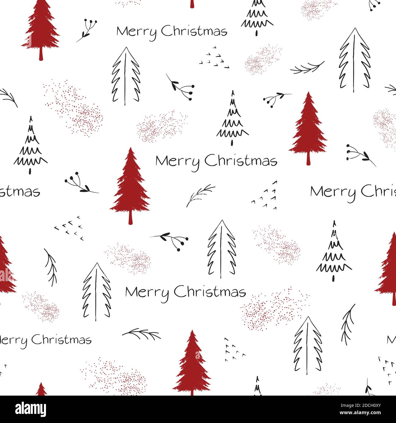 Motif Joyeux Noël en noir et rouge avec texte et arbres de noël sur fond blanc. Motif de Noël sans couture pour un imprimé, un motif en tissu Illustration de Vecteur