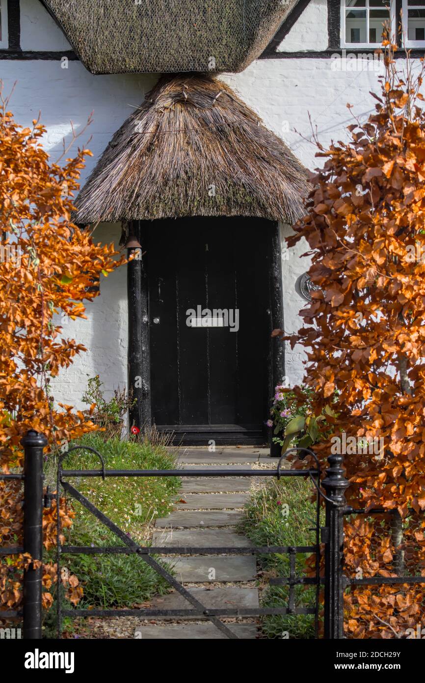 Façade d'UN cottage en chaume avec PORTE avant noire et porche en fer à cheval et en chaume anglais 18e siècle Cottage en chaume, classé Grade 2. Vert cygne Banque D'Images