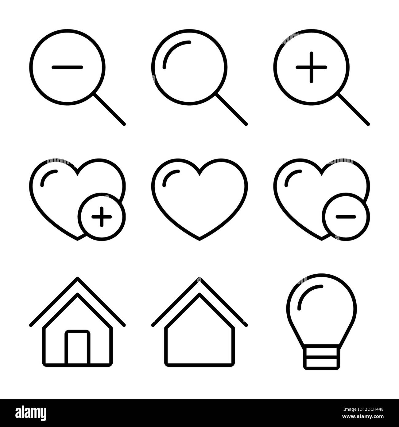Icônes de ligne - symboles loupe coeur plus moins accueil Banque D'Images