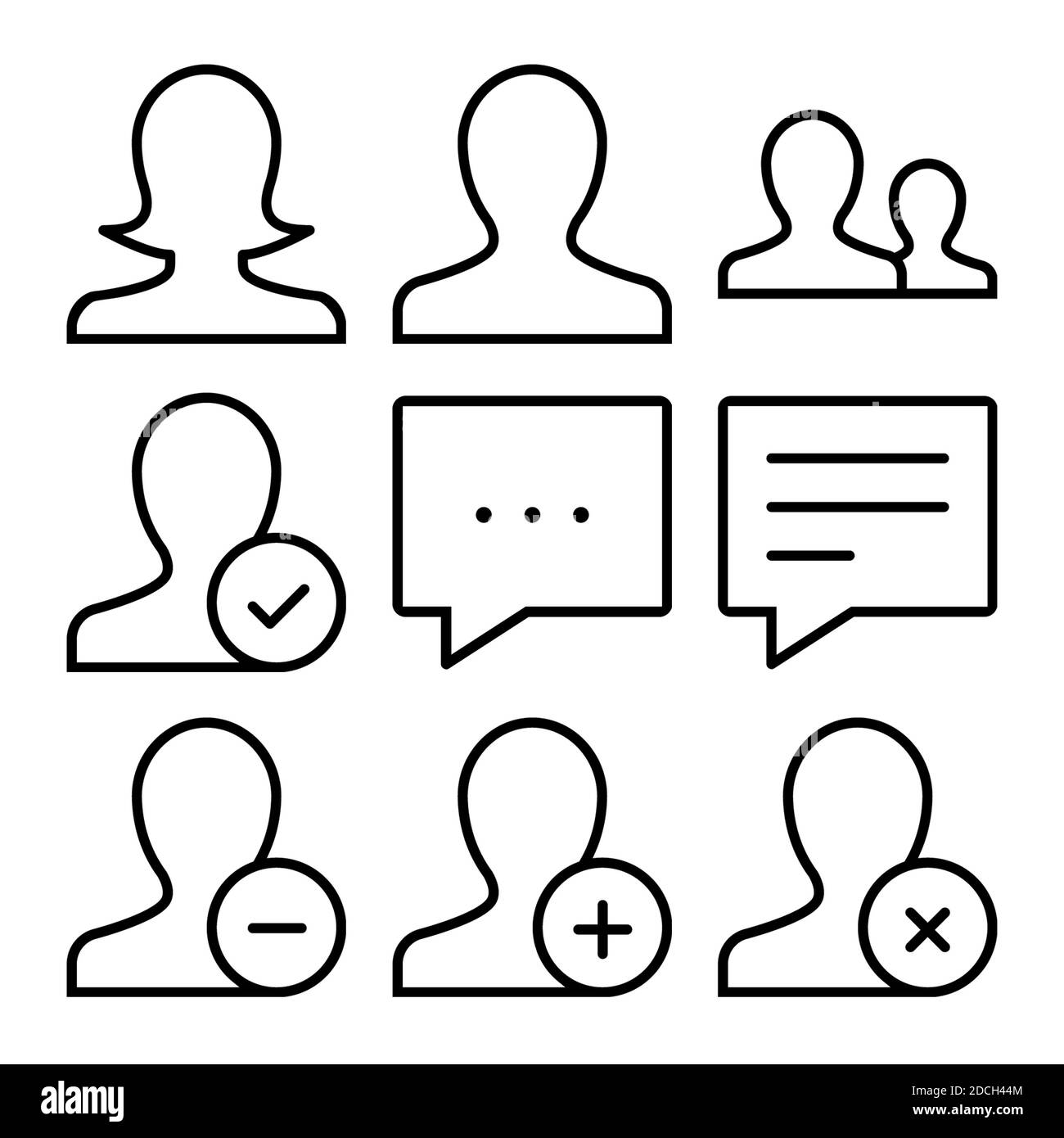 Icônes de ligne - symboles avatar de l'utilisateur bulle vocale plus moins croix Banque D'Images