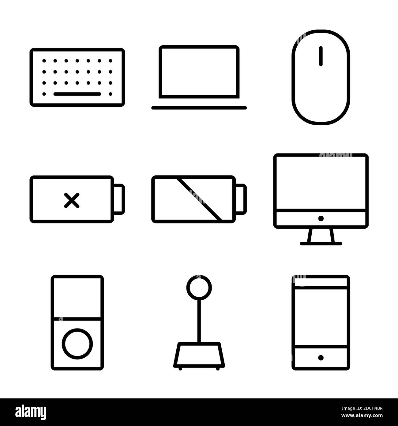 Icônes de ligne symboles souris ordinateur portable clavier batterie téléphone Banque D'Images