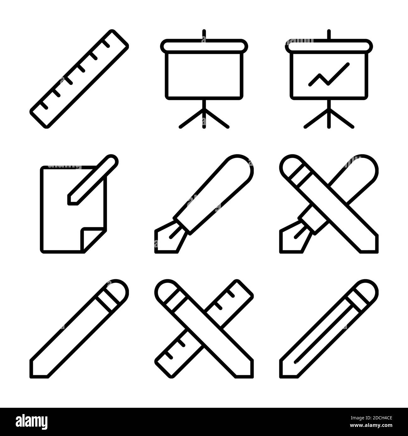 Lignes icônes symboles tableau de règles stylo fichier crayon Banque D'Images