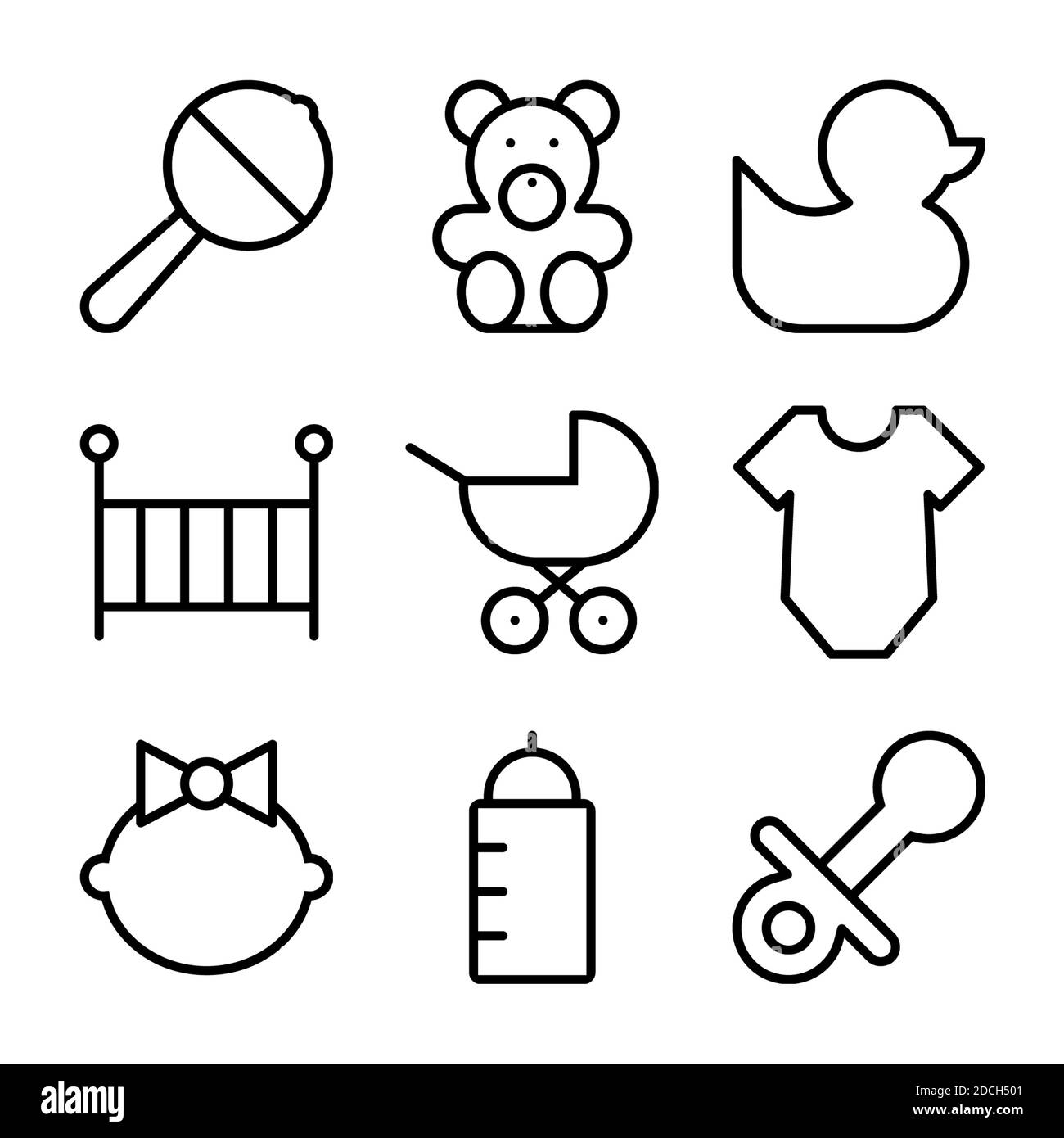 Ligne icônes symboles Teddy ours caoutchouc canard hochet mamelon bébé Banque D'Images