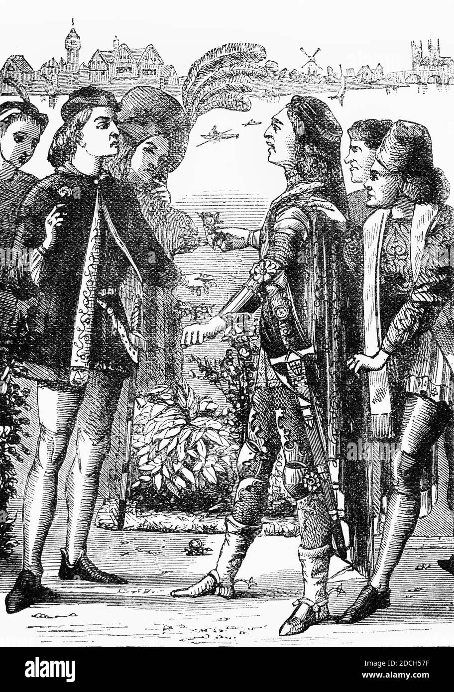 Le pillage des roses rouges et blanches dans les jardins de l'ancien Temple dépeint la scène fictive de Shakespeare, d'Edmund Beaufort, 2e duc de Somerset étant mis au défi par Richard de York, 3e duc de York de choisir entre la rose blanche de York et la rose rouge de Lancaster. Banque D'Images