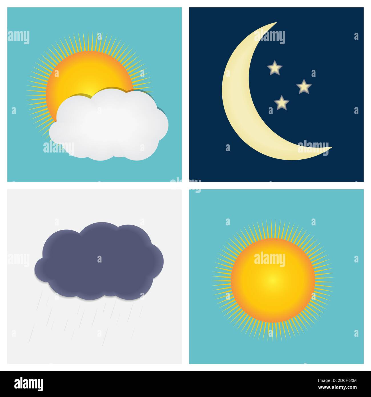 Icônes météo avec illustration du soleil, du nuage, de la pluie et de la lune Banque D'Images