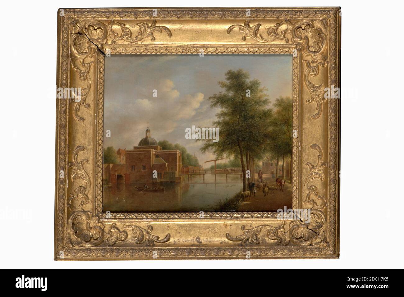 Peinture, Johannes Janson, 1774, Signature avant, en bas à droite, sous le troupeau: J. Janson f, panneau, peinture à l'huile, peint, support: 29.7 × 35.3 × 1,8cm 297 × 353 × 18mm, avec cadre: 46 × 51.7 × 4.5cm 460 × 517 × 45mm, vache, ramer, mouton, cygne, canal, paysage urbain, porte de la ville, homme, cheval, pont, Leiden, peinture représentant une porte de la ville de Leiden : le Koepoort et les canaux vus de l'ouest. À l'extrême gauche, vous pouvez voir les portes d'écluse du Koepoortsgracht, à droite, le portier, les remparts avec le moulin à vent d'Oranjeboom et la tour Wal Autriche. Sur le pont sont trois figures et un Banque D'Images