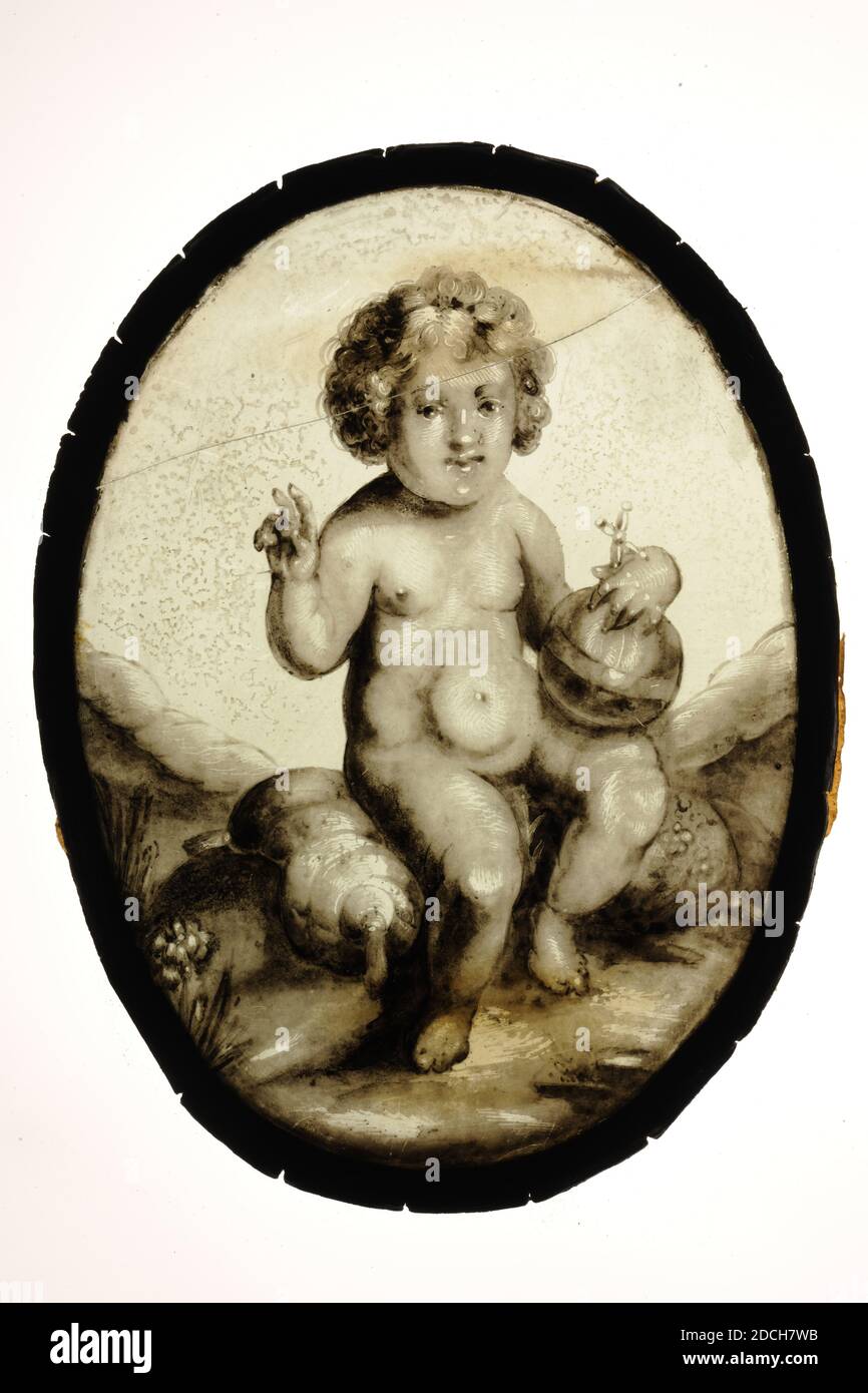 Volet de verre, Anonyme, c. 1600, verre, plomb, général: 21.5 x 16cm 215 x 160mm, christ, enfant, panneau ovale en verre avec l'image colorée d'un enfant de Christ bienfait. Le Christ enfant est représenté assis, en pleine longueur, face vers l'avant et regardant le spectateur. Dans la main gauche il tient un globe avec une croix et la main droite il tient, deux doigts vers le haut. Image en grisaille, dans un cadre en plomb. Sur le cadre est écrit au bas écrit disant Christ enfant ± 1600, 1970 Banque D'Images