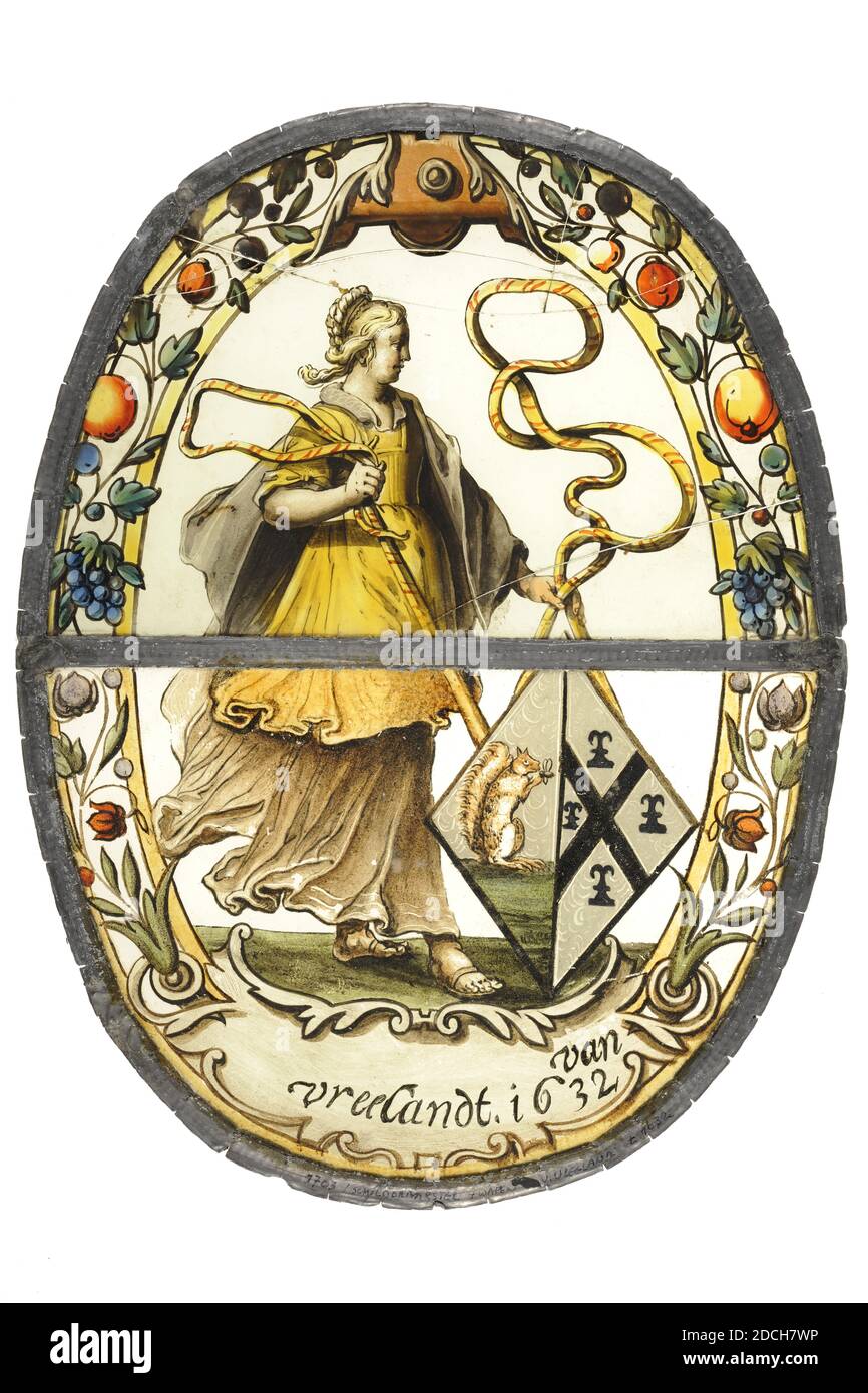 Vitre, anonyme, 1632, verre, plomb, vitrail, général: 31.7 x 23.9 x 0.2cm 317 x 239 x 2mm, blason, femme, vitre ovale avec une image vitrée d'une femme avec le manteau des bras de Vreelandt . La femme est debout, tournée vers la droite et tient un bâton / ruban dans les deux mains. Pour elle l'arme en forme de diamant avec un écureuil à gauche et quatre casques à droite. Avec une bordure décorative de fruits et de fleurs et en bas une cartouche avec le texte: Van Vreelandt 1632. Dans un cadre de plomb avec une barrette de plomb à mi-chemin, 1970 Banque D'Images