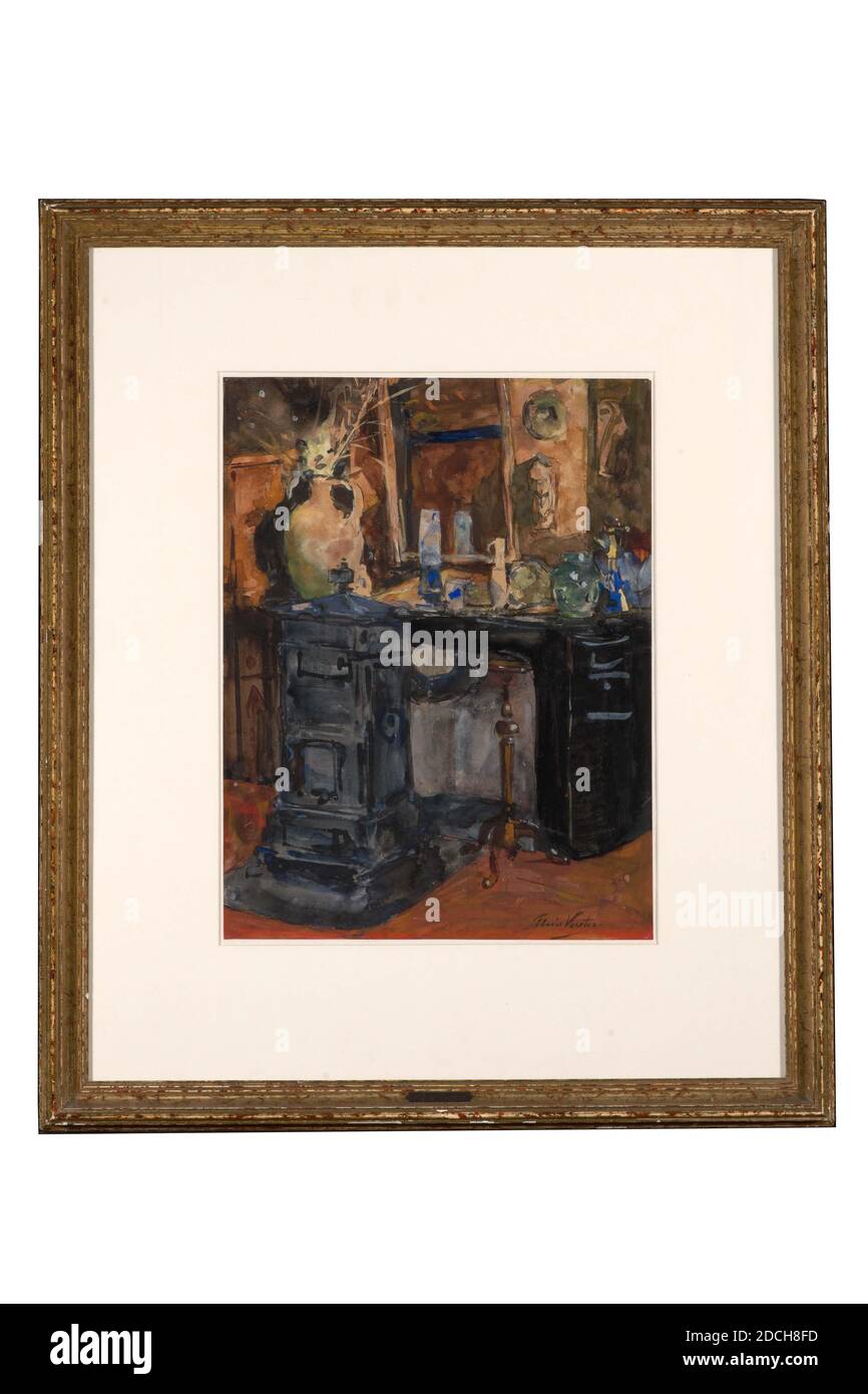 Dans le studio de l'artiste, aquarelle, Floris Verster, 1888, Signature avant, en bas à droite: Floris Verster, aquarelle, papier, peint, général anciennes dimensions: 44 x 34cm 440 x 340mm, avec cadre: 76.5 × 64.5 × 3.5cm 765 × 645 × 35mm, poêle, atelier, intérieur, vase, plomb, peinture représentant un paysage urbain du Vismarkt à Leiden. La figure illustre un poissonnier assis derrière une table sur laquelle repose le poisson. Homme debout à côté d'elle. De l'autre côté de la table se trouve une femme avec un panier, derrière elle un enfant prenant quelque chose de son panier et derrière elle une femme avec un enfant sur ses bras. À gauche Banque D'Images