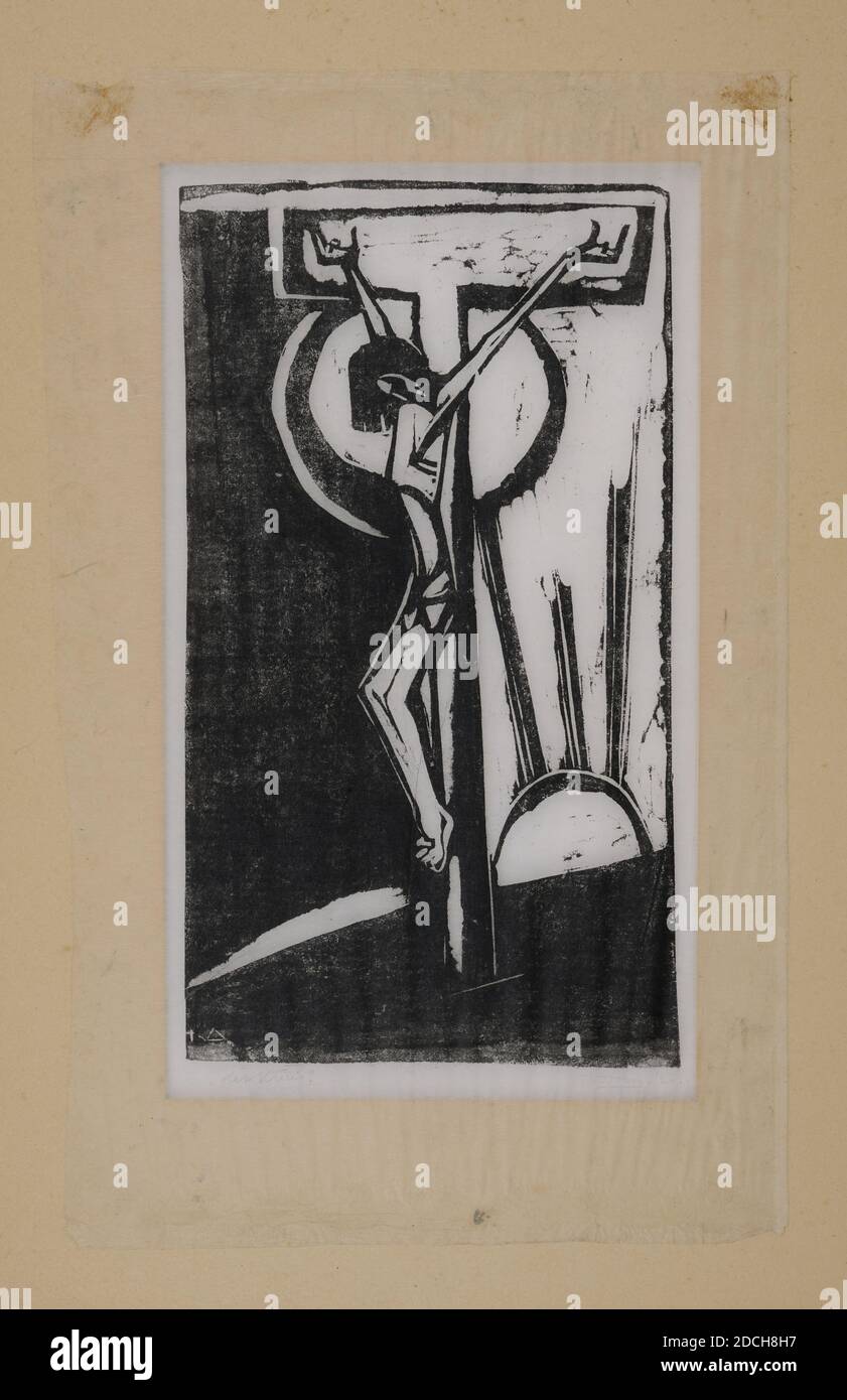 Imprimé bois, Tinus van Doorn, 1926, Signature avant, en bas à droite : TVDoorn. [Souligné] '26, encre, papier, imprimé, porteur: 40 x 25cm 400 x 250mm, taille du jour: 32 x 18,2cm 320 x 182mm, avec passe-partie: 60 x 42,5 cm 600 x 425mm, représentation biblique, Christ , impression d'une coupe de bois sur papier translucide. Avec une image de Jésus sur la croix et en arrière-plan un soleil couchant. Sous le crayon, imprimer le titre, la signature et la date, 2003 Banque D'Images