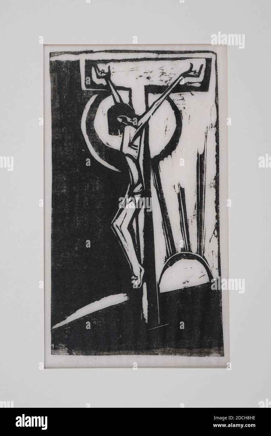Imprimé bois, Tinus van Doorn, 1926, Signature avant, en bas à droite : TVDoorn. [Souligné] '26, encre, papier, imprimé, porteur: 40 x 25cm 400 x 250mm, taille du jour: 32 x 18,2cm 320 x 182mm, avec passe-partie: 60 x 42,5 cm 600 x 425mm, représentation biblique, Christ , impression d'une coupe de bois sur papier translucide. Avec une image de Jésus sur la croix et en arrière-plan un soleil couchant. Sous le crayon, imprimer le titre, la signature et la date, 2003 Banque D'Images