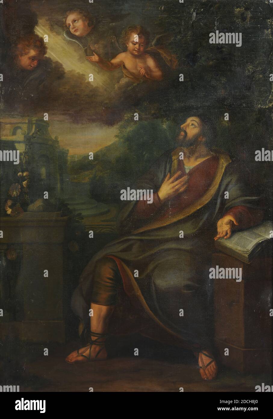 Peinture, Willem van Ingen, fin du XVIIe siècle, Signature avant en bas à droite, sur le livre: G: Van Ingen, toile, bois, peinture à l'huile, peinte, avec cadre: 224 x 164 x 5cm 2240 x 1640 x 50mm, saint, plomb, peinture avec une représentation biblique: La vision ecstatique de Saint Paul. Dans un paysage semblable à un parc avec des arbres lourds sur la droite, Saint Paul est utilisé à ses pieds à gauche. Il regarde un angle vers la gauche, porte des cheveux courts noirs et une barbe et repose la main gauche sur un livre à côté de lui, tient la main droite sur la poitrine, est vêtu d'une robe rouge avec un manteau bleu et porte des sandales. À Banque D'Images