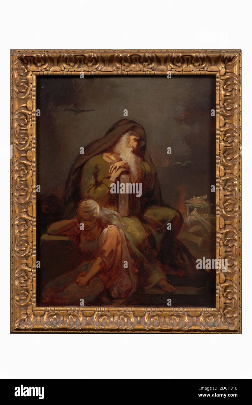 Peinture, Alexander Hugo Bakker Korff, c. 1850, panneau, peinture à l'huile, papier, peint, porteur: 36 × 28.2 × 0.4cm 360 × 282 × 4mm, avec cadre: 42.5 × 34.3 × 3.2cm 425 × 343 × 32mm, femme, représentation biblique, homme, peinture avec une représentation biblique: Jérémie pleure sur Jérusalem. Le prophète Jérémie est représenté au centre, assis un peu à droite, avec sa tête vers le bas et regardant vers le bas. Il porte une longue barbe blanche et un tissu couvrant sa tête. Il se penche sur un livre des deux mains. À gauche, en face de lui, il y a une femme qui regarde aussi vers le bas. Non signé. La peinture est dorée Banque D'Images