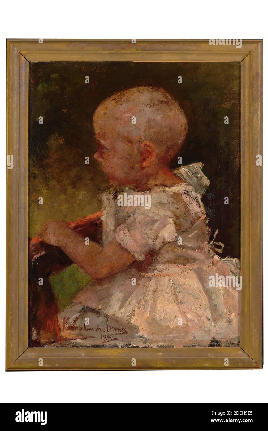 Peinture, Menso Kamerlingh Onnes, 1889, Signature avant, en bas à gauche: M. Kamerlingh Onnes 1889, toile, peinture à l'huile, peint, porteur: 67.5 × 52 × 2cm 675 × 520 × 20mm, avec cadre: 76.3 × 59.1 × 5.5cm 763 × 591 × 55mm, portrait d'enfant, Portrait d'un enfant inconnu. L'enfant est représenté comme une demi-figure, en faisant face à la gauche et en regardant vers la gauche. L'enfant a mis ses mains sur une main courante et est habillé d'une robe blanche. L'enfant est représenté devant un arrière-plan vert. Signé en bas à gauche. La peinture est dans un cadre en bois peint de couleur or, 1946 Banque D'Images