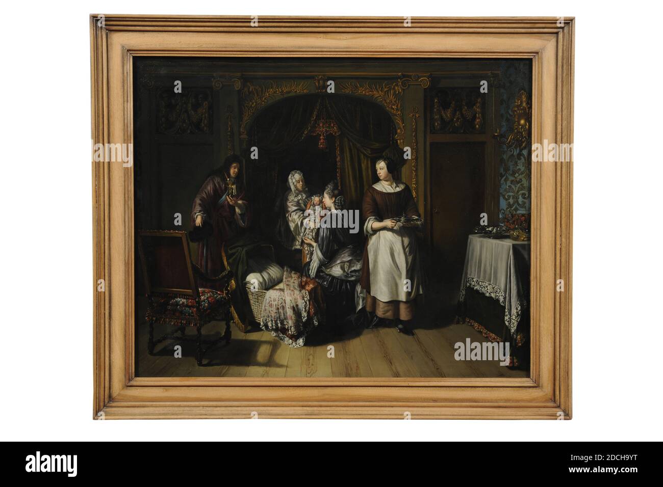 Visite de la pépinière, peinture, Matthijs Naiveu, c. 1712, Signature  avant, en bas à gauche, à l'arrière de la chaise: Naiveu F, toile, peinture  à l'huile, peinte, porteuse: 70.5 x 87cm 705