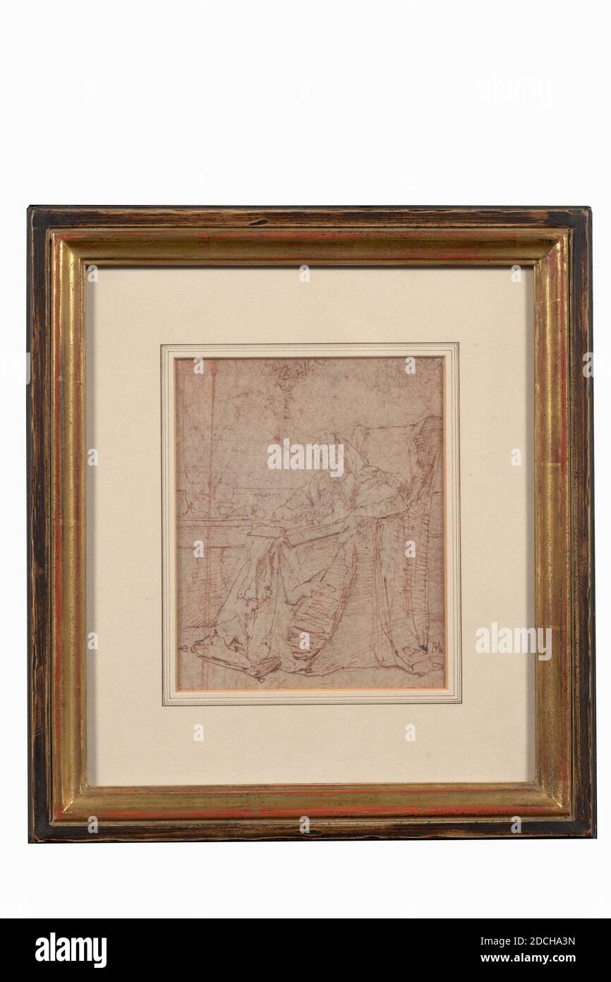 Dessin, Alexander Hugo Bakker Korff, 19e siècle, stylo, papier, support: 29.7 × 26,5 cm 297 × 265 mm, avec passe-partie: 42.5 × 30 cm 425 × 300 mm, UN dessin de stylo. Femme assise dans une chaise lisant une grande Bible, 1993 Banque D'Images