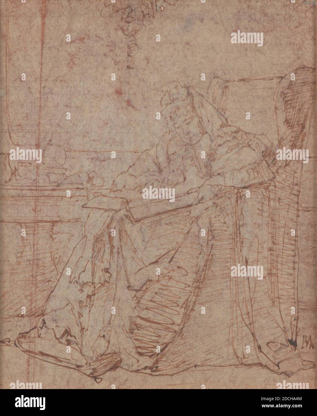 Dessin, Alexander Hugo Bakker Korff, 19e siècle, stylo, papier, support: 29.7 × 26,5 cm 297 × 265 mm, avec passe-partie: 42.5 × 30 cm 425 × 300 mm, UN dessin de stylo. Femme assise dans une chaise lisant une grande Bible, 1993 Banque D'Images