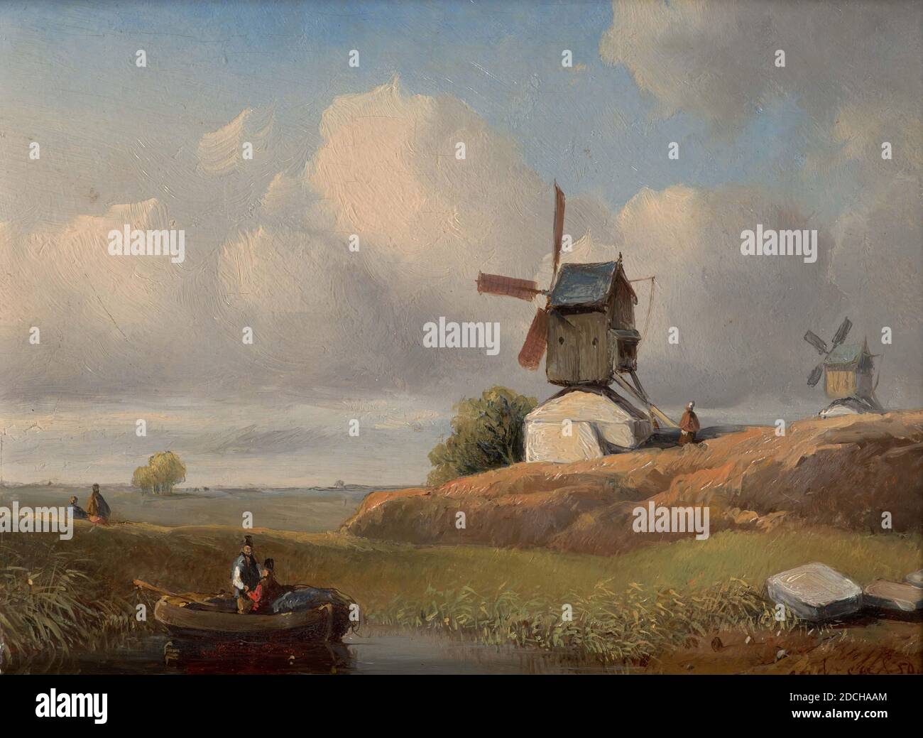 Peinture, Willem Lodewijk Andrea, 1850, Signature avant, en bas à droite: Andreae A 50, panneau, peinture à l'huile, peint, porteur: 16.3 × 20.5 × 1cm 163 × 205 × 10mm, avec cadre: 34.1 × 39.2 × 6cm 341 × 392 × 60mm, paysage, moulin, surface d'eau, bateau, homme, peinture représentant un paysage. Dans le plan du milieu, deux bobines standard se trouvent à droite d'une élévation, la gauche plus proche du spectateur que la droite. Sur la gauche se trouve un paysage panoramique avec deux figures. Au premier plan se trouve une piscine avec un bateau à rames sur lequel il y a deux hommes. En bas à droite, de grands blocs de pierre peuvent être vus à la banque Banque D'Images
