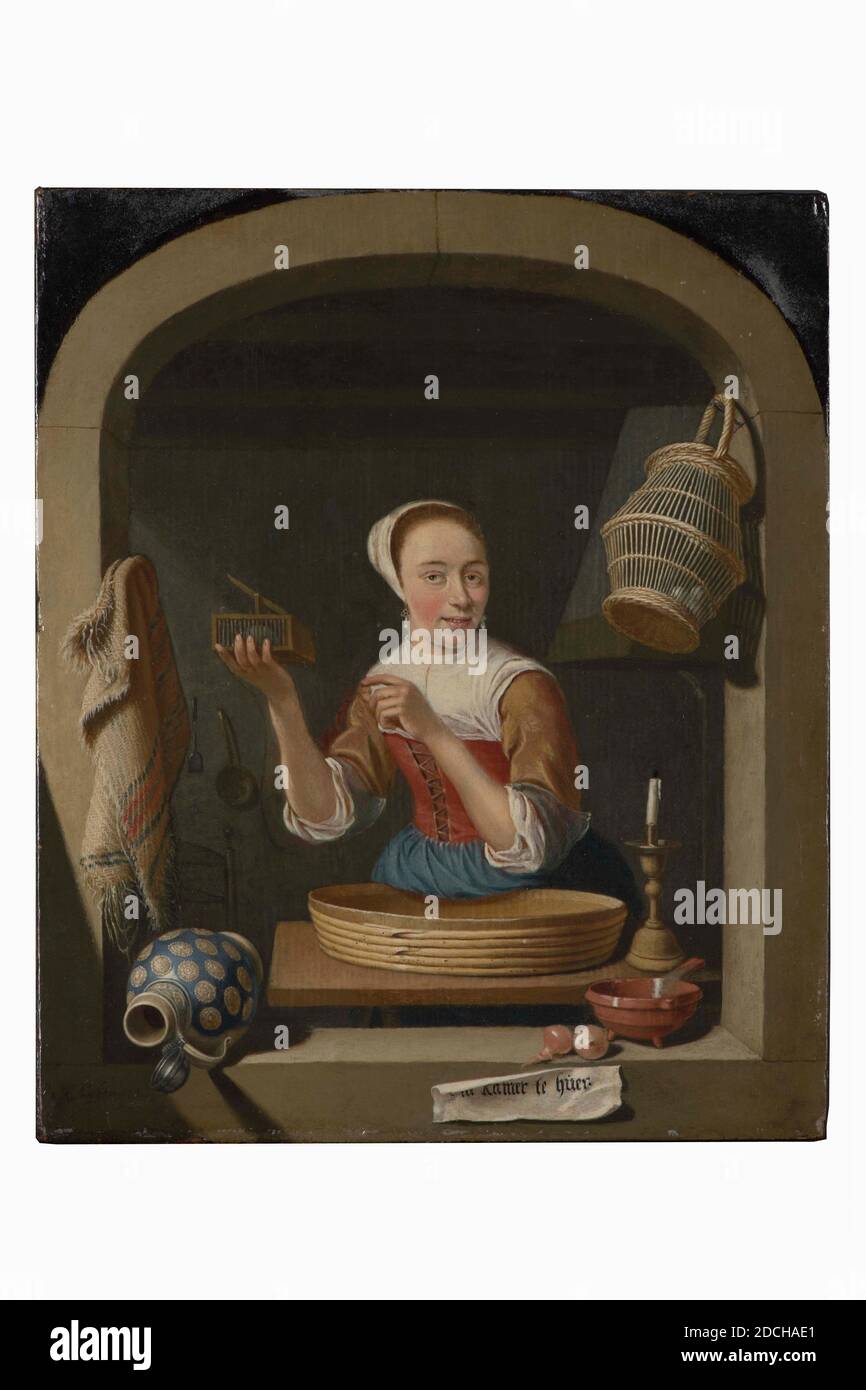 Jeune femme avec mousetrap, peinture, Abraham Snaphaen, 1682, Signature avant, en bas à gauche: A. Snaphaen 1682, panneau, peinture à l'huile, peint, porteur: 21.2 × 18 × 1,1cm 212 × 180 × 11mm, avec cadre: 37.5 x 33.5 x 6.5cm 375 x 335 x 65mm, femme, genre, intérieur, peinture représentant une jeune femme avec un mousetrap. Vue à travers la pierre, fenêtre voûtée s'ouvrant au-dessus, une jeune femme est debout derrière une table. Elle est à moitié visible, le corps un peu à gauche et la tête légèrement habituée à la droite. Elle tient un mousetrap avec la main droite et remarque le spectateur avec la gauche. Elle porte un Banque D'Images