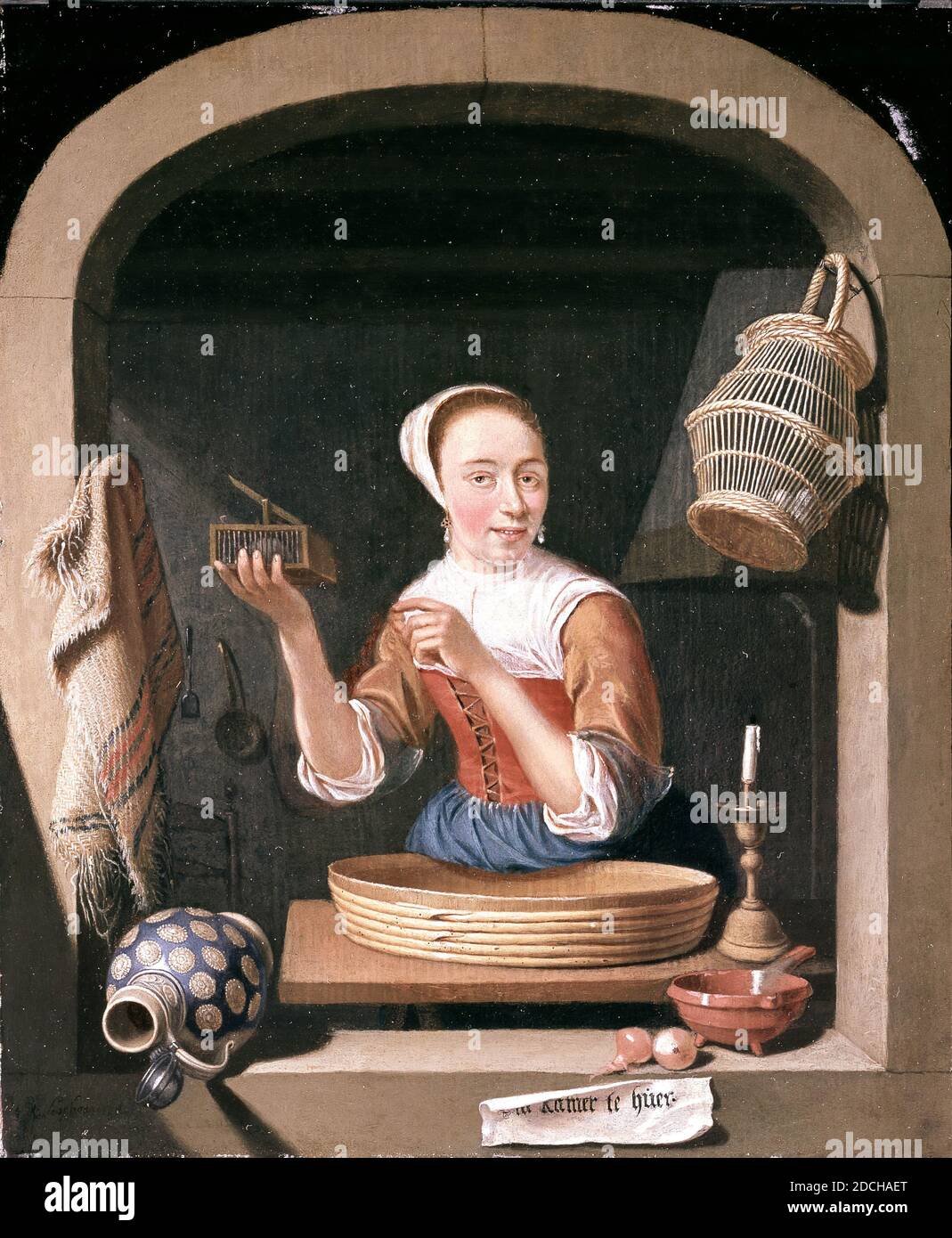 Jeune femme avec mousetrap, peinture, Abraham Snaphaen, 1682, Signature avant, en bas à gauche: A. Snaphaen 1682, panneau, peinture à l'huile, peint, porteur: 21.2 × 18 × 1,1cm 212 × 180 × 11mm, avec cadre: 37.5 x 33.5 x 6.5cm 375 x 335 x 65mm, femme, genre, intérieur, peinture représentant une jeune femme avec un mousetrap. Vue à travers la pierre, fenêtre voûtée s'ouvrant au-dessus, une jeune femme est debout derrière une table. Elle est à moitié visible, le corps un peu à gauche et la tête légèrement habituée à la droite. Elle tient un mousetrap avec la main droite et remarque le spectateur avec la gauche. Elle porte un Banque D'Images
