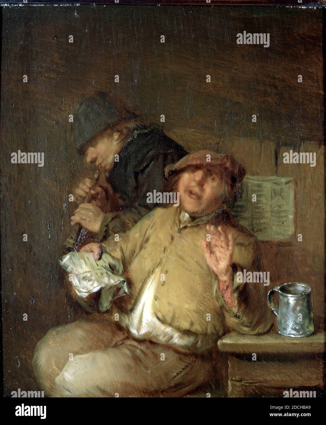 Peinture, Egbert van Heemskerck (I), deuxième moitié 17ème siècle, panneau, peinture à l'huile, peint, support: 16 × 13.7 × 0.5cm (160 × 137 × 5mm), avec cadre: 35 × 32 , 5 × 5cm (350 × 325 × 50mm), faire de la musique, genre, fermier, intérieur, peinture représentant deux musiciens faire de la musique dans une auberge. Un fermier chantant s'assoit à une table avec une tasse de étain à côté de lui sur la table. Il tient sa main gauche et tient un morceau de papier dans sa main droite. Derrière lui se trouve un autre agriculteur avec une flûte ou une clarinette. Sur la droite, une photo sur laquelle un papier est attaché. Non signé. La peinture est dans un cadre en bois. À l'arrière de Banque D'Images