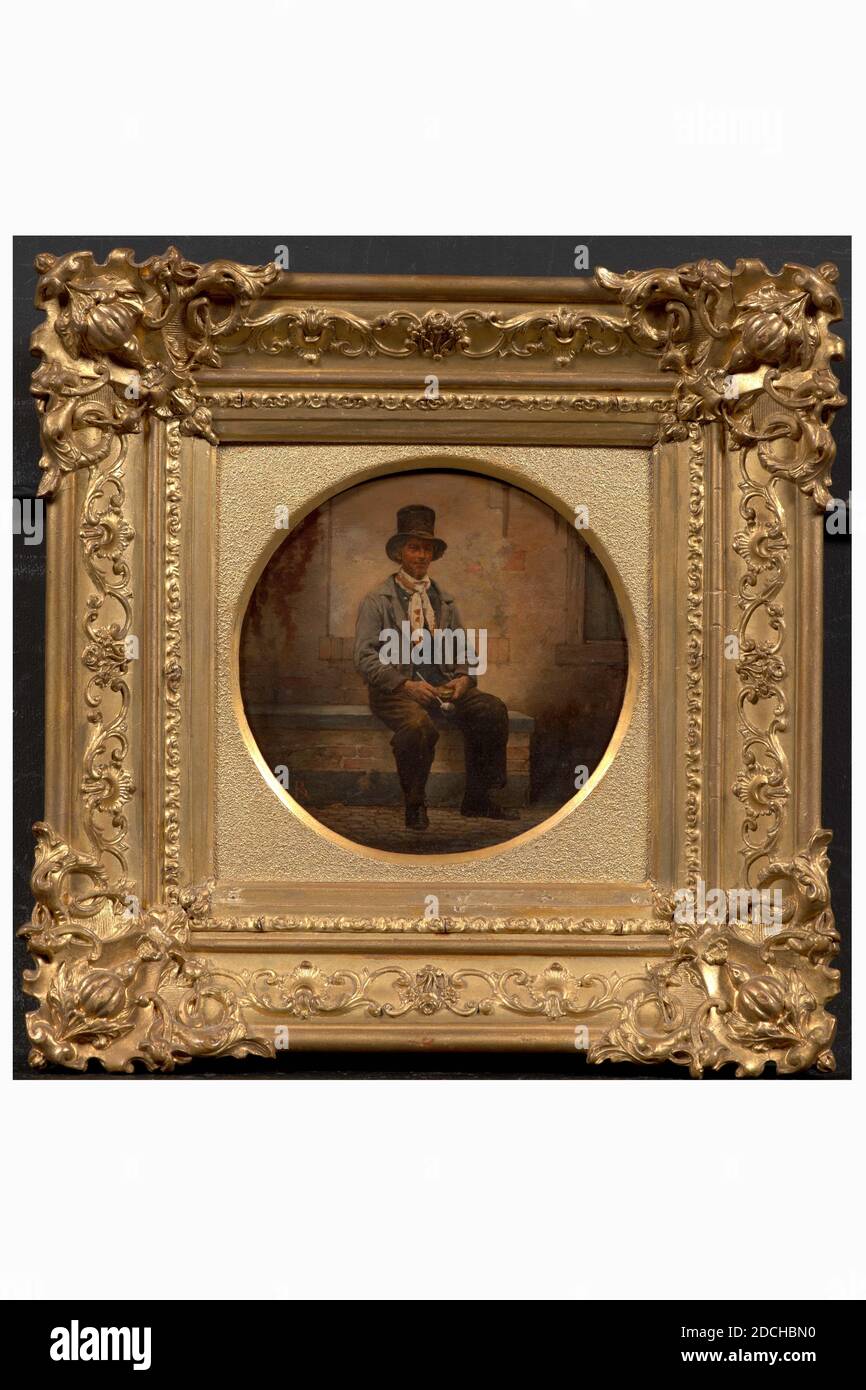 Peinture, Alexander Hugo Bakker Korff, ca. 1858-1859, Signature avant, en bas à gauche: BK [ineen], panneau, papier, peinture à l'huile, peint, support: 16.2 × 16.2 × 0.5cm (162 × 162 × 5mm), ouverture: 14,8cm (148mm), avec cadre: 28.5 × 29.1 × 3.5cm (285 × 291 × 35mm), portrait de l'homme, poisson, portrait d'un homme: Un vieux pêcheur, peut-être le mari d'un couple de Noordwijk (erhout). Il est représenté assis, pointant légèrement vers la droite et regardant le spectateur. Il est sorti dimanche, portant un chapeau, un tuyau en faïence avec capuchon à droite, et une boîte de tabac en laiton à gauche, assis sur un Banque D'Images