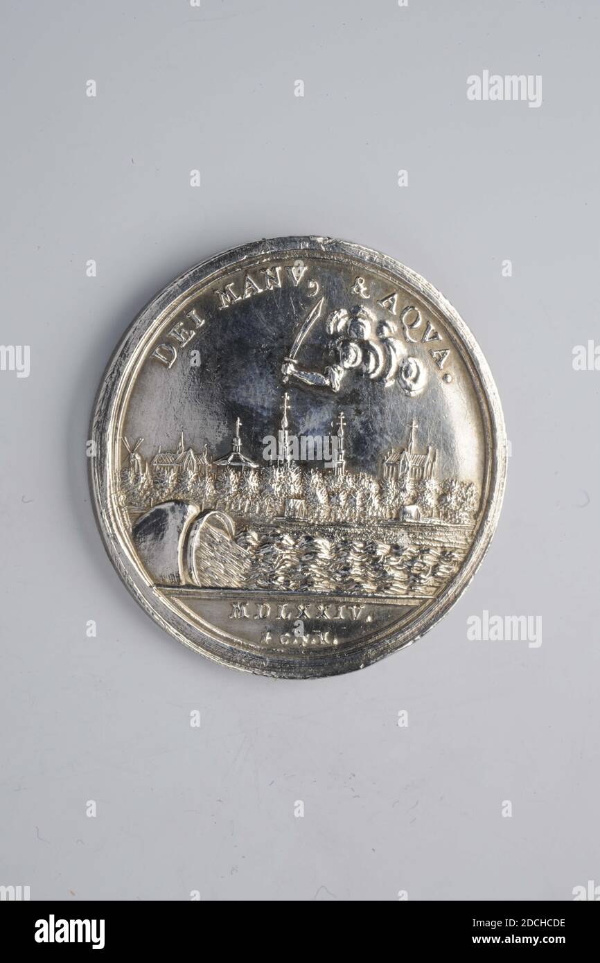 Médaille commémorative, Carel Frederik Konsé, 1774, minté, général: 3.9 x  0.2cm (39 x 2mm), poids: 16g, Médaille commémorative de l'argent au  deuxième centenaire du relief de Leiden en 1774. À l'avant se