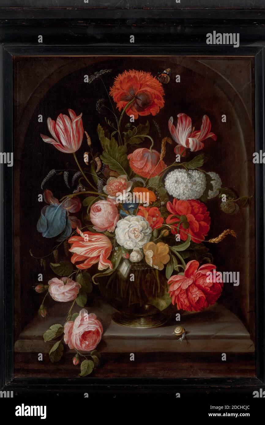 Peinture, 17ème ou 18ème siècle, Signature avant, en bas à droite, dans la  niche: J. van Huysum, toile, peinture à l'huile, peint, porteur: 53 × 41.4  × 2.2cm 530 × 414 ×