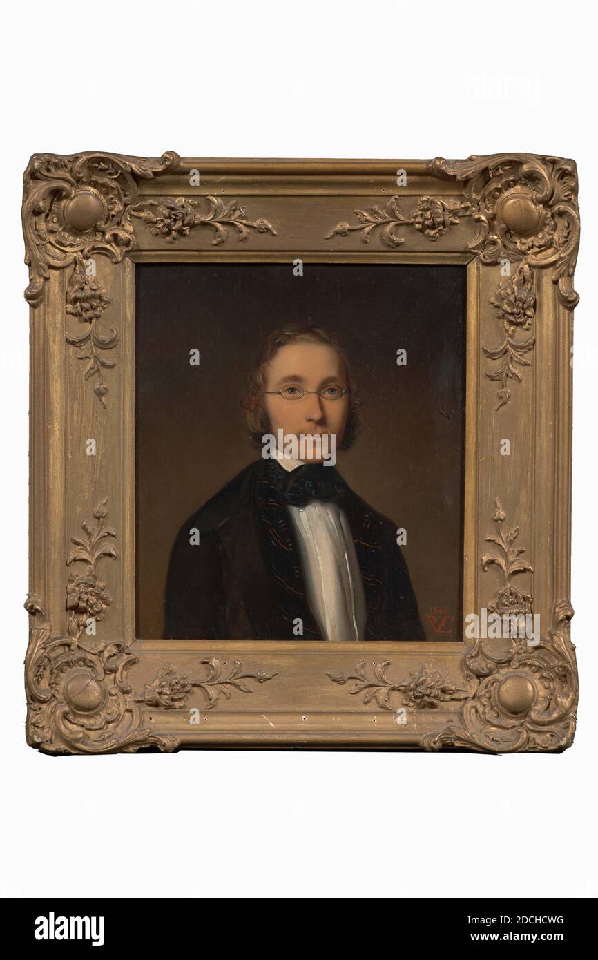 Peinture, Paul Constantin Dominique Tetar van Elven, 1848, Signature avant, en bas à droite : 1848 P.T.V.E. [En un], panneau, peinture à l'huile, peint, ouverture claire: 22 × 19.4 × 0.3cm (220 × 194 × 3mm), avec cadre: 33 × 30 × 4.3cm (330 × 300 - 43mm), portrait de l'homme, Portrait d'un homme: Alexander Hugo Bakker Korff, à l'âge de 24 ans. Il est représenté à la poitrine, légèrement tourné vers la droite et regardant le spectateur. Elle est représentée sur un fond marron clair. Il porte des cheveux bouclés blonds, des lunettes en acier, une jupe noire avec des revers rayés et un noir avec une cravate bleue. Signé en bas à droite. La peinture est dans Banque D'Images
