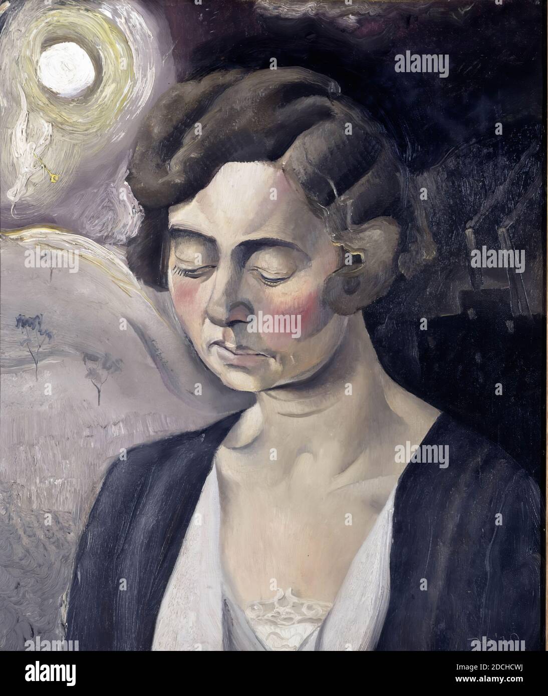 Peinture, Tinus van Doorn, 1929, Signature avant, en bas à droite: TD '29, toile, peinture à l'huile, peint, général (anciennes dimensions): 60 x 50cm (600 x 500mm), avec cadre: 70.5 × 61.2 × 4cm (705 × 612 × 40mm), paysage, portrait de femme, lune, arbre, portrait de femme: Akkie. Elle est représentée jusqu'à la poitrine, pointant légèrement vers la gauche et regardant vers le bas. Elle a des cheveux moyens et des blashes peuvent être vus sur ses joues. Elle est vêtue d'un haut blanc avec une veste bleu foncé. En arrière-plan, vous pouvez voir un paysage avec deux arbres avec une lune en haut à gauche. Signé en bas à droite. La peinture est en bois Banque D'Images