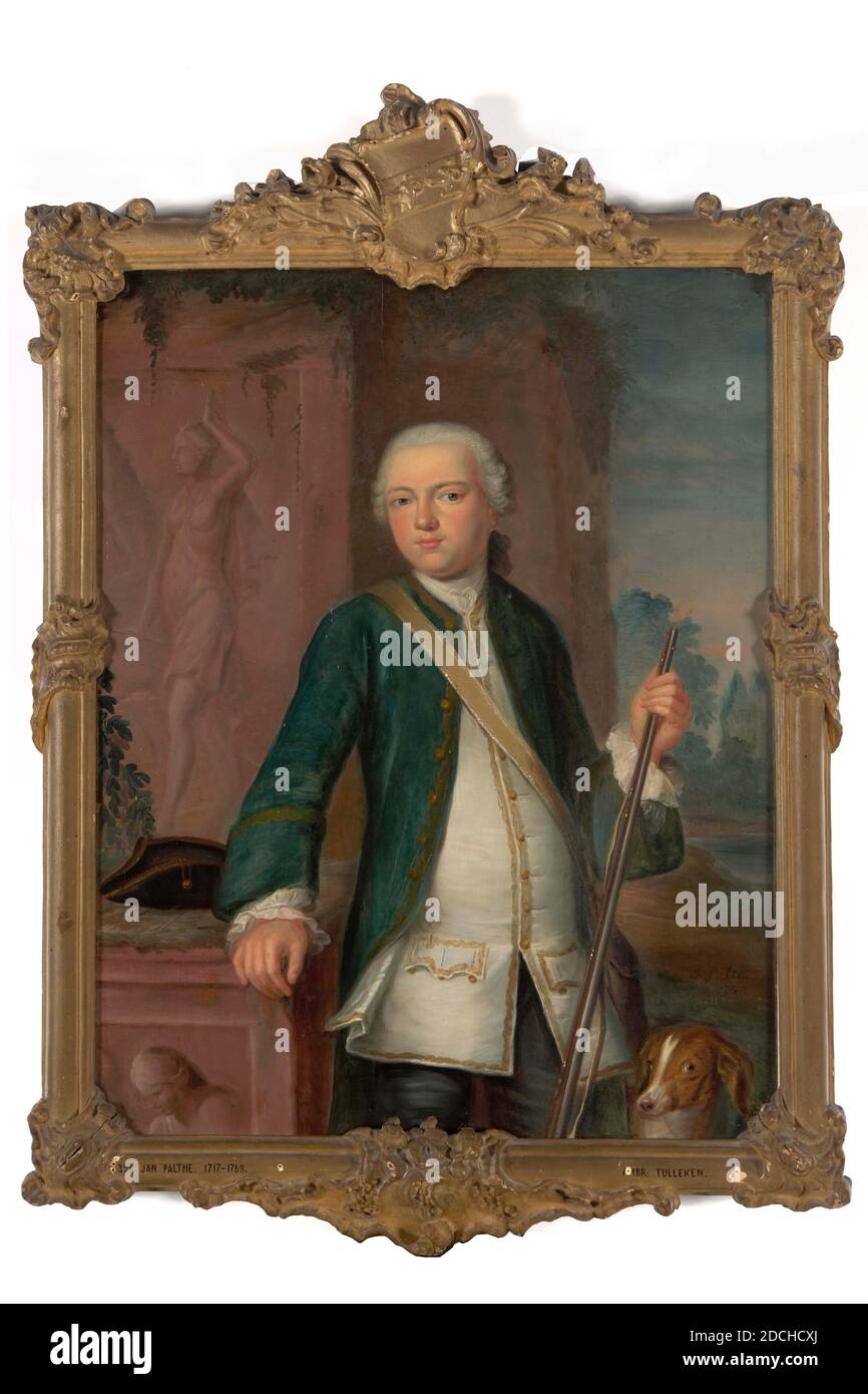 Peinture, Jan Gerardsz. PALTHE, 1753, Signature avant, en bas à droite, au-dessus du chien: J. Palthe PIN 1753, panneau, peinture à l'huile, peint, support: 51.7 × 40 × 1 cm (517 × 400 × 10 mm), avec cadre: 67 × - 46.7 × 5.5cm (670 × 467 × 55mm), paysage, femme, portrait d'homme, chien, écusson familial, chasse, Portrait d'un homme: Ambrosius Tulleken. Il est représenté comme un genouillère, tourné vers la droite, la tête vers la gauche et regardant le spectateur. Il tient un fusil dans la main gauche et repose la main droite sur un postament de pierre. Il porte une perruque à queue grise avec un noeud noir, une jupe bleue, une veste blanche et un pré. Sur la droite Banque D'Images