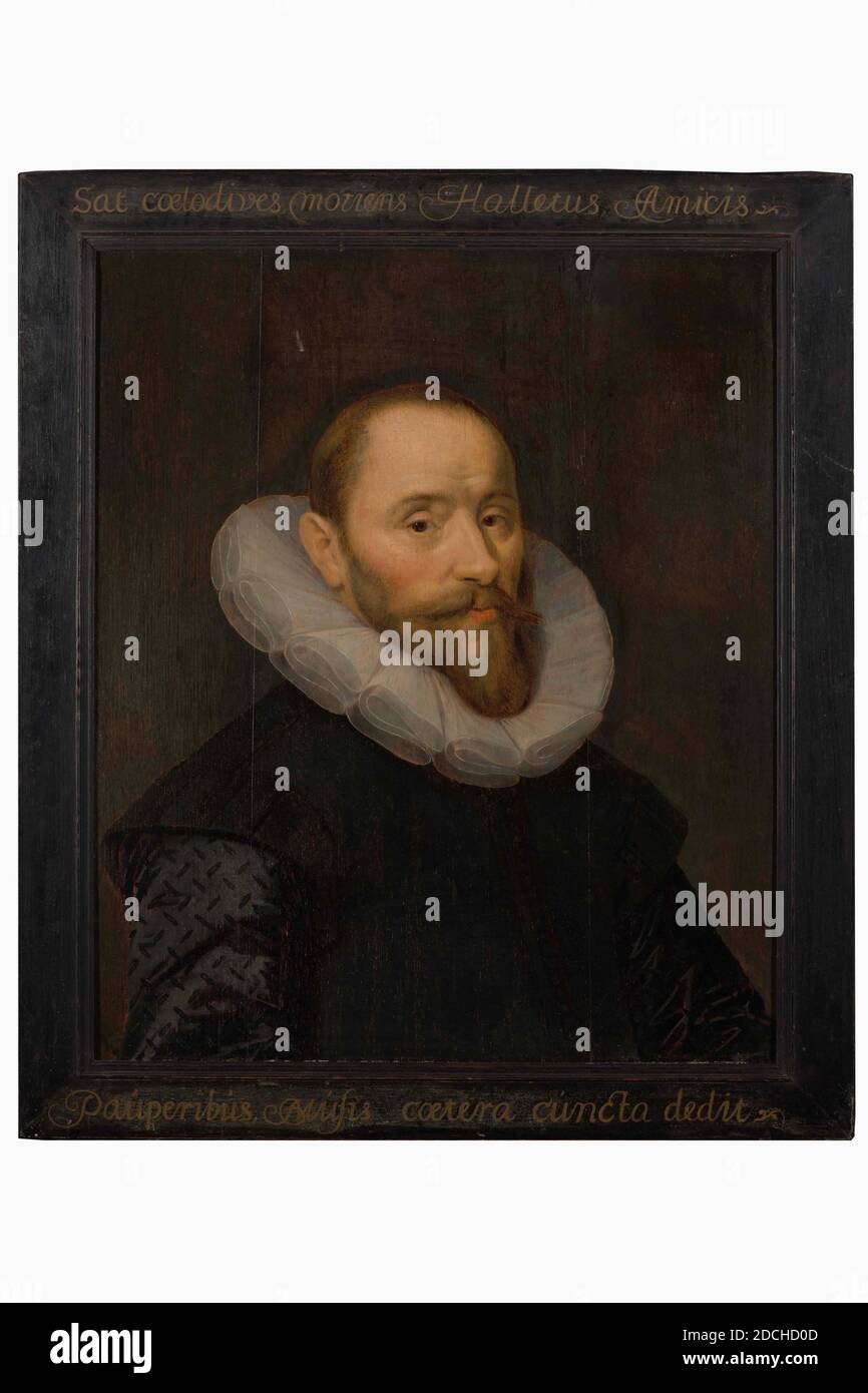 Peinture, Anonyme, ca. 1600, panneau, peinture à l'huile, peint, support: 60.9 × 50.6 × 0.7cm (609 × 506 × 7mm), avec cadre: 70.2 × 61.5 - 1.5cm (702 × 615 × 15mm), Portrait d'homme, Portrait d'homme: Anthony Hallet. Il est tourné un peu vers la droite, sa tête tournée vers l'avant et regardant le spectateur. Il est habillé de vêtements sombres avec un col blanc plat au-dessus. Il porte une barbe et une moustache. Non signé. La peinture est dans un cadre en bois peint en noir, avec Sat Coelo plongées, moriens Hallatus Amicis Pauperibus, Musis coetera cuncta dedit (assez riche pour le ciel, Hallet a donné tous ses autres biens à lui Banque D'Images