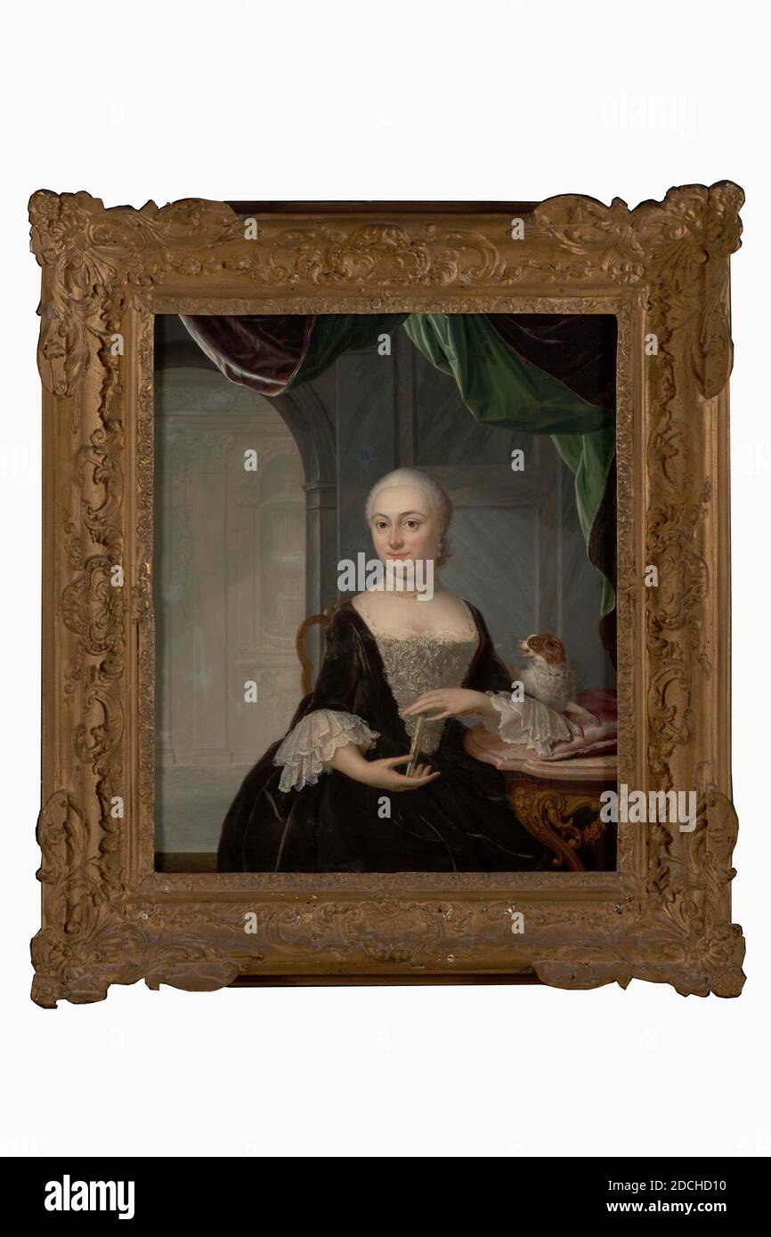 Peinture, Hendrik van Velthoven, c. 1750, panneau, peinture à l'huile, peint, support: 40.8 × 33.7 × 1cm (408 × 337 × 10mm), avec cadre: 55.5 × 49 × 7cm (555 × 490 × 70mm), portrait de femme, chien, intérieur, Portrait de femme: Catharina Gasparina van der Meulen. Elle est représentée comme un genouillère, tourné vers la droite, la tête vers la gauche et regardant le spectateur. Elle est assise à gauche d'une table à stylos richement sculptée avec un plan d'examen en marbre, sur lequel un coussin avec un chien aboyant. Elle repose le bras gauche sur la table et tient une turbine fermée des deux mains. Elle porte des cheveux gris peignés, une perle Banque D'Images