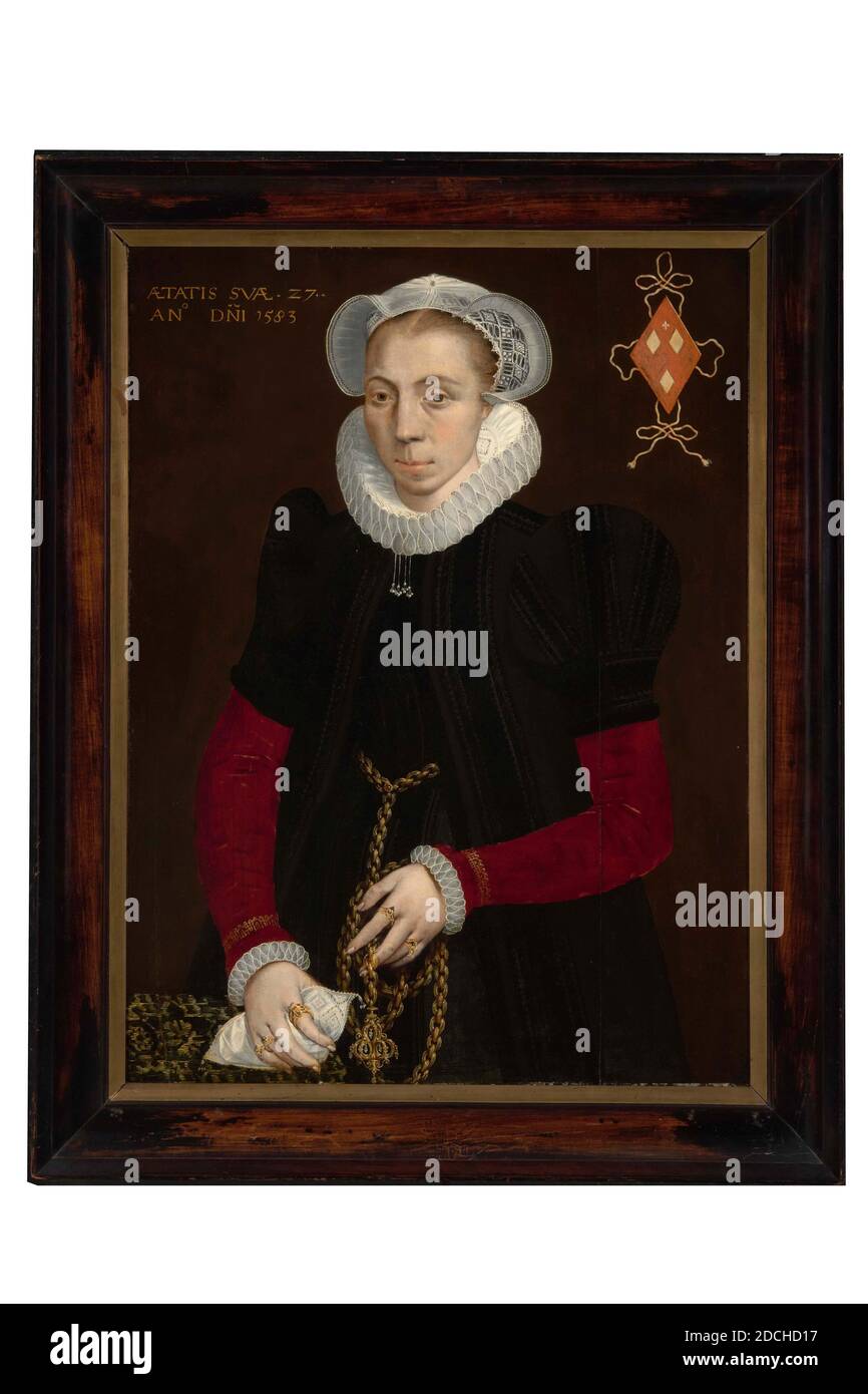 Peinture, Isaac Claesz. Van Swanenburg (attribué à), 1583, panneau, peinture à l'huile, peint, porteur: 87.7 × 65 × 0.5cm (877 × 650 × 5mm), avec cadre: 104.2 × 82.3 × - 5cm (1042 × 823 × 50mm), portrait de femme, écusson familial, Portrait de femme: Anna van Heussen, à l'âge de 27 ans. Elle est représentée par une longueur de genou, légèrement tournée vers la gauche et regardant le spectateur. Dans la main droite elle tient un mouchoir et dans la gauche une chaîne richement décorée accrochée de la taille. Elle porte une casquette en dentelle blanche, un col plissé rond et une robe noire à manches rouges et poignets plissés finement. Au total elle Banque D'Images