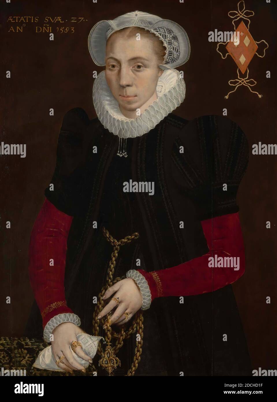 Peinture, Isaac Claesz. Van Swanenburg (attribué à), 1583, panneau, peinture à l'huile, peint, porteur: 87.7 × 65 × 0.5cm (877 × 650 × 5mm), avec cadre: 104.2 × 82.3 × - 5cm (1042 × 823 × 50mm), portrait de femme, écusson familial, Portrait de femme: Anna van Heussen, à l'âge de 27 ans. Elle est représentée par une longueur de genou, légèrement tournée vers la gauche et regardant le spectateur. Dans la main droite elle tient un mouchoir et dans la gauche une chaîne richement décorée accrochée de la taille. Elle porte une casquette en dentelle blanche, un col plissé rond et une robe noire à manches rouges et poignets plissés finement. Au total elle Banque D'Images