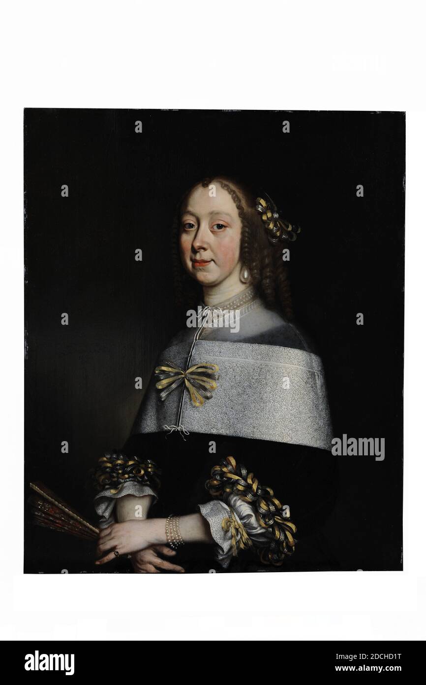 Peinture, Jacob Fransz. Van der Merck, 1660, Signature avant, à gauche de l'épaule : J.V. Merck Fe. 1660, panneau, peinture à l'huile, peint, support: 84.5 x 69.5 x 0.4cm (845 x 695 x 4mm), avec cadre: 93.7 x 79 x 4.5cm (937 x 790 x 45mm), portrait de femme , peinture représentant le portrait d'une femme: Cornelia Schilperoort. Elle est représentée comme une demi-figure, tournée des trois quarts vers la gauche, regardant le spectateur. Elle tient un fan dans la main gauche, qui est traversé sur la droite. Elle porte des rubans sur les cheveux torsadés, une grande perle sur l'oreille, une robe noire à manches courtes, un large col en dentelle Banque D'Images