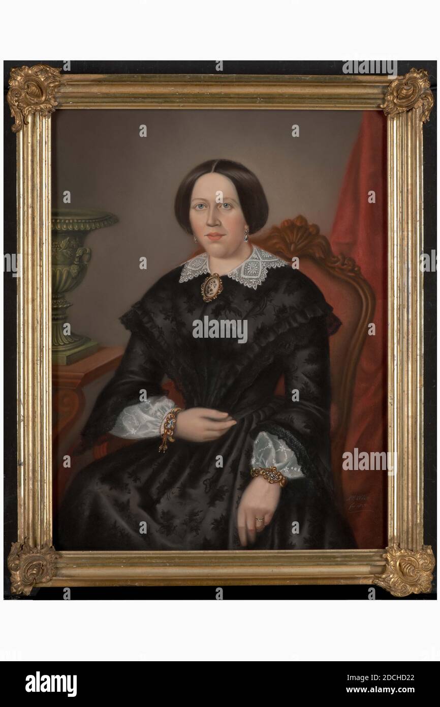 Pastel, Adrianus Henricus van der Tak, 1855, Signature avant, en bas à droite: AH. vd Tak FEC. 1855, pastel, carton, papier, signé, porteur: 76 × 60.5 × 0.3cm (760 × 605 × 3mm), avec cadre: 83.5 × 67.5 × 6.5cm (835 × 675 × 65mm), portrait de femme, intérieur, Portrait de femme: Cornelia Gerarda Maria van Trotsenburg. Elle est représentée assise sur un fauteuil, un peu tournée vers la gauche et regardant le spectateur. Elle est habillée d'une robe noire ajustée à col haut avec des motifs floraux tissés. Des manches blanches fines sont visibles sous les manchons évasés. Le long du cou, elle porte un col blanc en points Banque D'Images