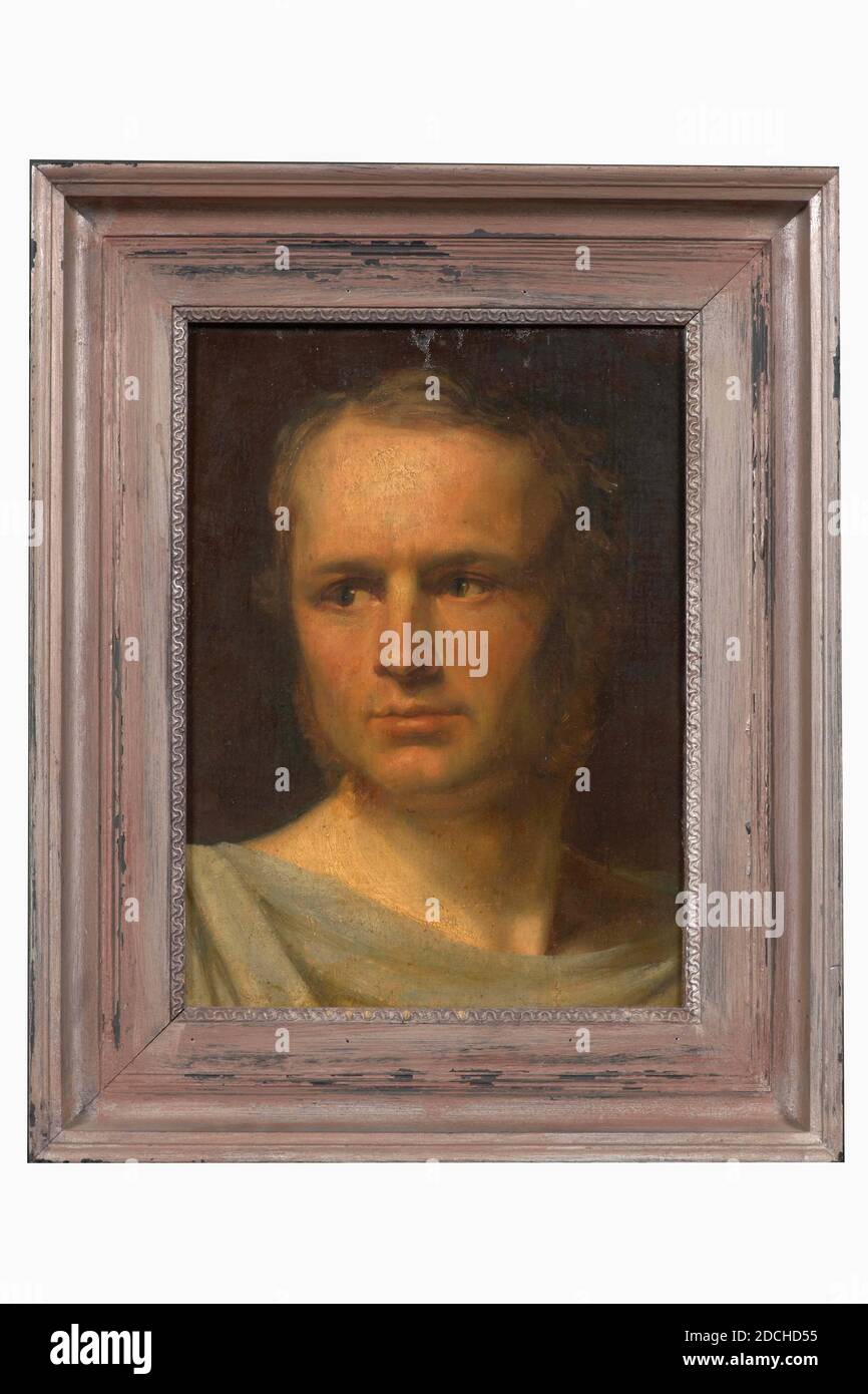 Peinture, Anonyme, ca. 1830, toile, panneau, peinture à l'huile, peint, support: 37.5 × 27.5 × 0.4cm (375 × 275 × 4mm), avec cadre: 51.5 × 41 , 8 × 4.6cm (515 × 418 × 46mm), portrait de l'homme, Portrait d'un homme inconnu. Il est représenté comme un buste, presque droit devant et la tête tournée vers la gauche. Il regarde juste au-delà du spectateur. Il porte une stole vert-bleu et a des pattes. Non signé. La peinture est dans un cadre en bois peint gris-brun, 1949 Banque D'Images