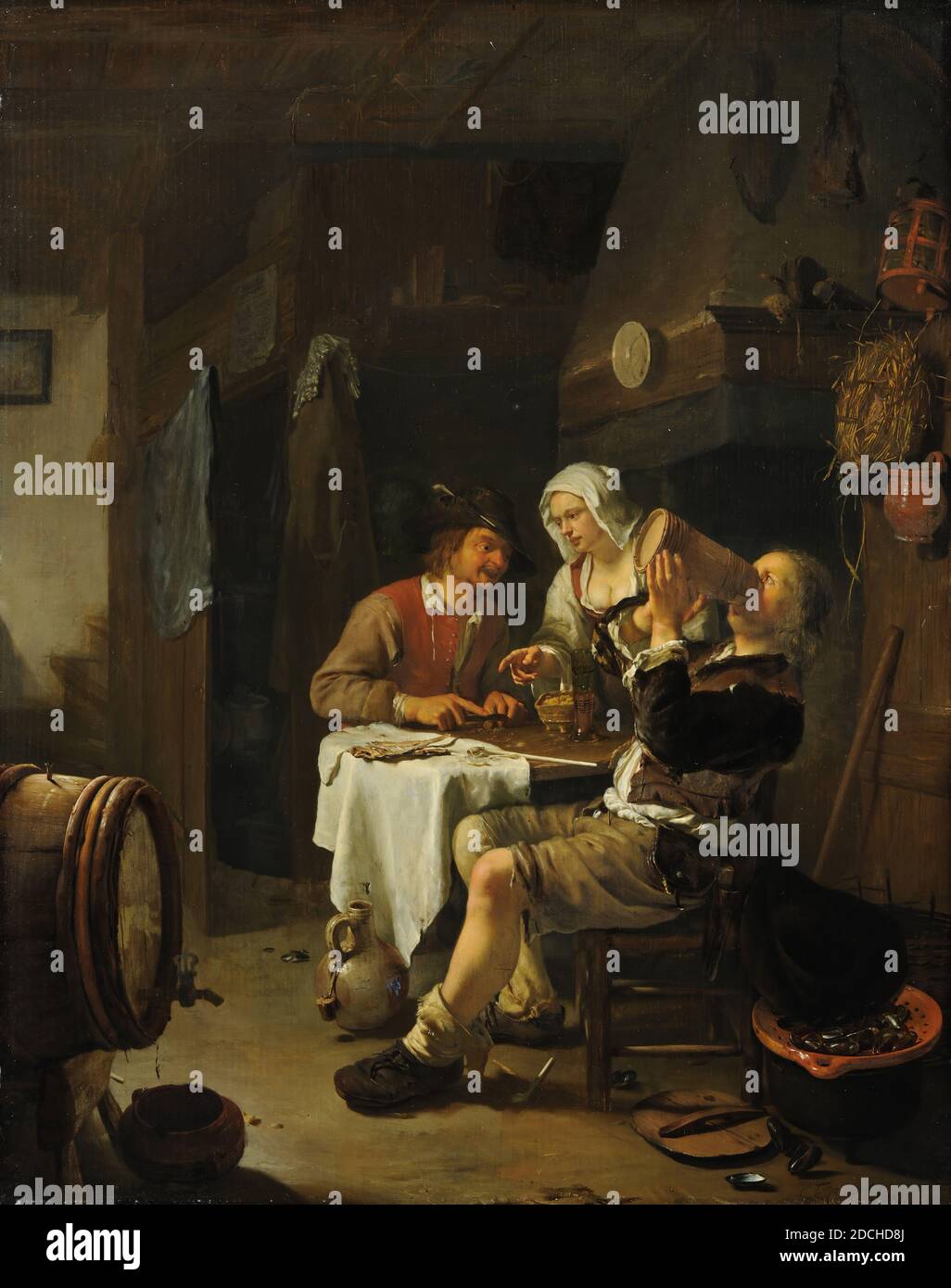 Peinture, Frans van Mieris l'ancien, c. 1655, Signature avant, en bas à droite: F. van Mieris, panneau, peinture à l'huile, peint, porteur: 37.7 x 29.7 x 0.5cm 377 x 297 x 5mm, avec cadre: 51 x 43.5 x 4cm 510 x 435 x 40mm, auberge, femme, genre, homme, intérieur, peinture représentant une auberge de campagne. Deux hommes sont assis à une table, l'un d'eux ayant une conversation avec une jeune femme, tandis que l'autre boit une tasse de bière en bois. Ce dernier est au premier plan et utilisé à gauche sur une chaise de tapis. Il tient la tasse des deux mains. Il a des cheveux ondulés qui pendent au-dessus des épaules et porte un tube marron sur un Banque D'Images