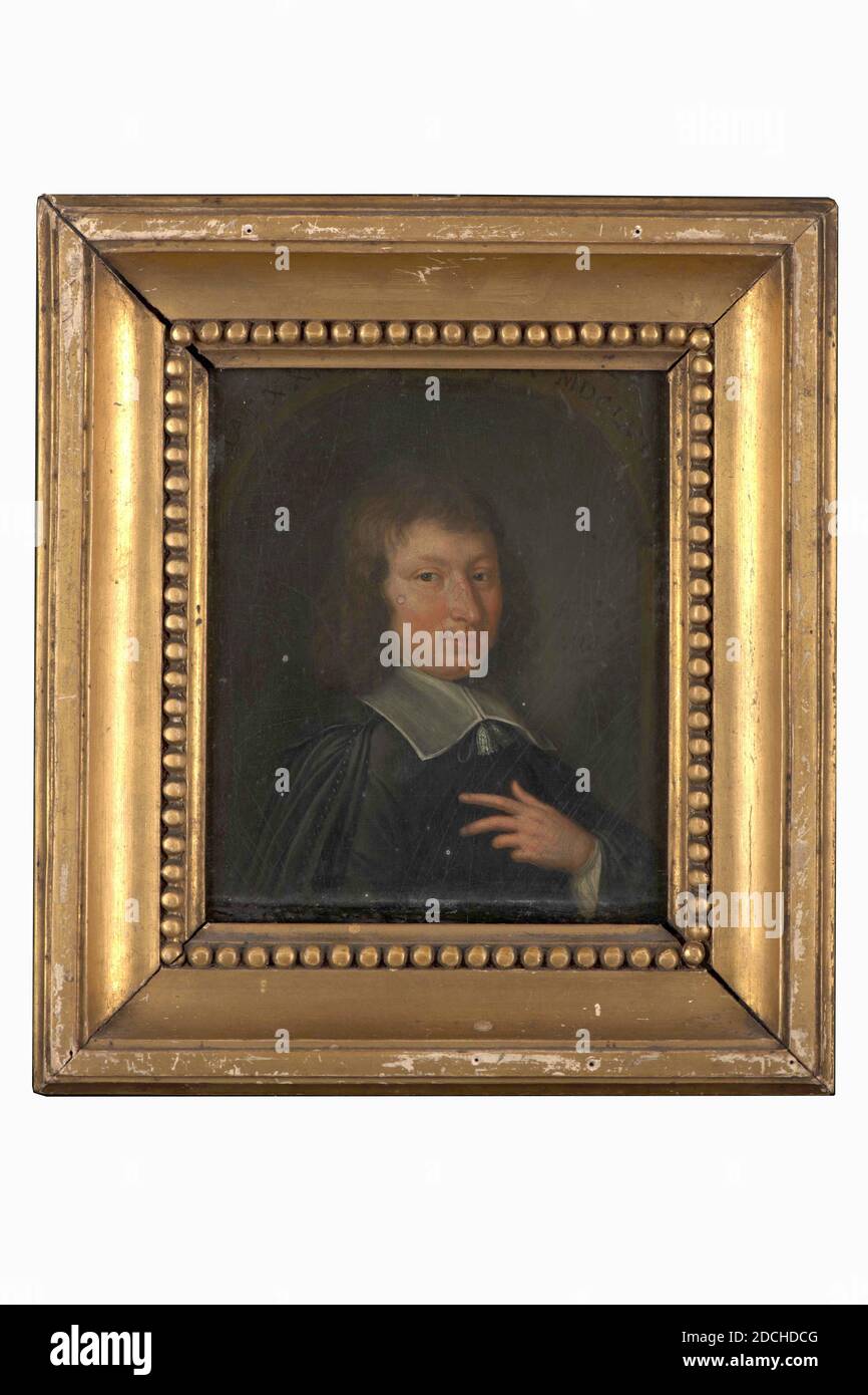 Peinture, Niels Rode, deuxième moitié du XVIIIe siècle, Signature avant, en bas à gauche: N. Rode F, panneau, peinture à l'huile, peint, support: 40.9 × 34.9 × 0.5cm (409 × 349 × 5mm), avec cadre: 55.2 × 48.8 × 6,7cm (552 × 488 × 67mm), portrait de l'homme, intérieur, portrait de l'homme: Isaacus Snakenburg, à l'âge de 23 ans. Il est représenté comme une demi-figure, tourné les trois quarts vers la droite et regardant le spectateur. Il a placé sa main droite sur un livre à reliure rouge, qui se trouve sur une table recouverte d'un tissu bleu à sa droite. L'homme porte de longs cheveux ondulés. Il est vêtu d'une robe noire avec un col blanc plat carré Banque D'Images