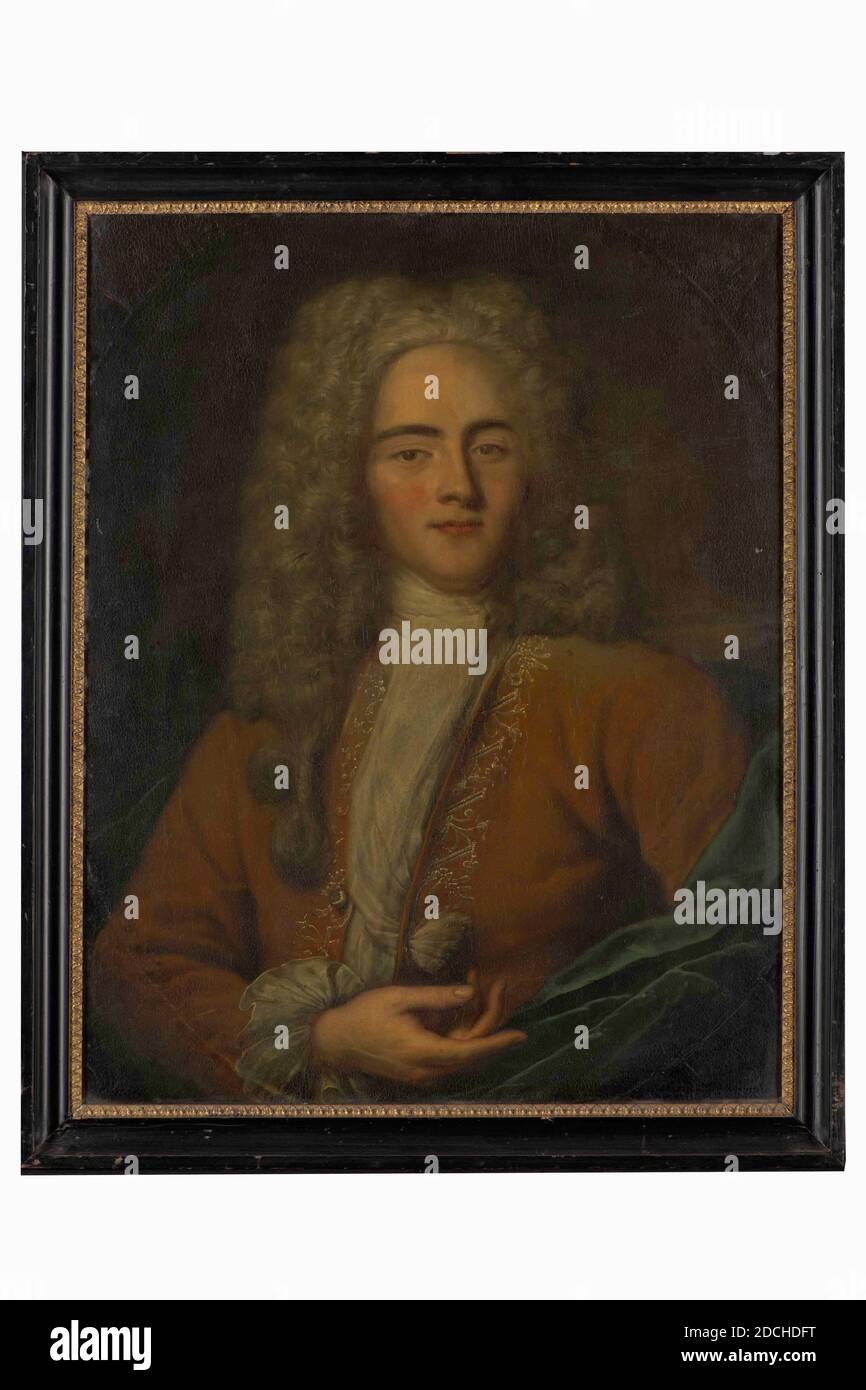 Peinture, Mattheus Verheyden, 1732, dos: M. Verheyden Fe, Haga 17 5/1 32, toile, peinture à l'huile, peint, support: 73.5 × 57 × 1.5cm (735 × 570 × 15mm), avec cadre: 83 × 66 × 4cm (830 × 660 × 40mm), portrait de l'homme, Portrait de l'homme: Johan Marin van Wevort van Ossenberg, seigneur de Hoedekenskerke. Il est représenté comme une demi-figure, tourné vers la gauche, la tête vers la droite et regardant le spectateur. Seule la main droite est visible; il la garde devant son corps. Il porte une longue perruque blanche sur les épaules, une perruque sur toute la surface, une jupe marron et argentée, une cravate blanche et un manteau bleu sur la Banque D'Images