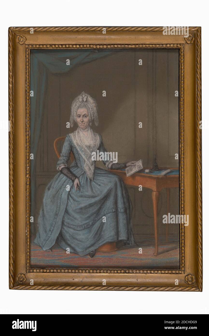 Pastel, Rienk Jelgerhuis, 29 août 1785, Signature avant, en bas à droite: R. Jelgerhuis 17 29 8 85 [le numéro 29 est au-dessus de 8], avant, en bas à gauche: N° 1918, pastel, bois, verre, dorure, papier, signé, général (Dimensions selon le catalogue 1983): 38.5 x 26cm (385 x 260mm), avec cadre: 44.3 x 32,1cm (443 x 321mm), sans œillet de fixation au bas, qui ajoute 1,3cm de plus la hauteur, taille du jour: 37.2 x 25cm (372 x 250mm), femme, portrait de femme, intérieur, Portrait de l'éditeur Levina Westerbaan. LEVINA Westerbaan est représenté ici assis, plein-long, tourné à droite, tête droite Banque D'Images